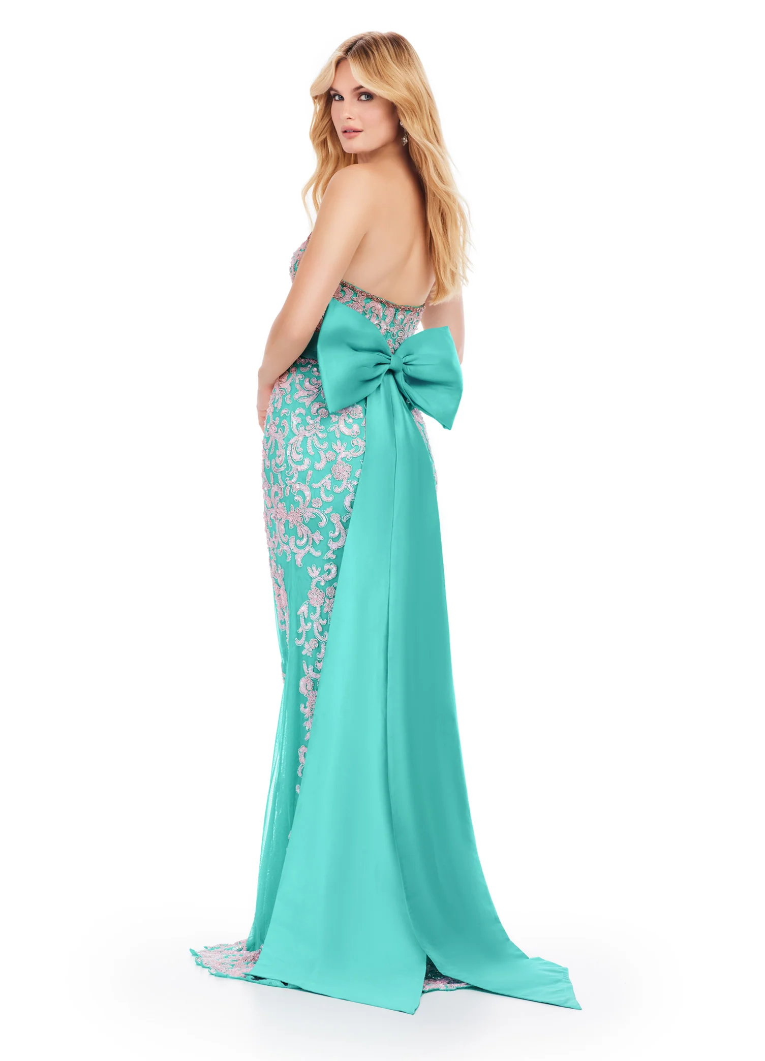 Ashley Lauren 11583  Long Prom Dress Strapless Gown Fully Beaded Taffeta Belt and Bow Formal Pageant - Image 4