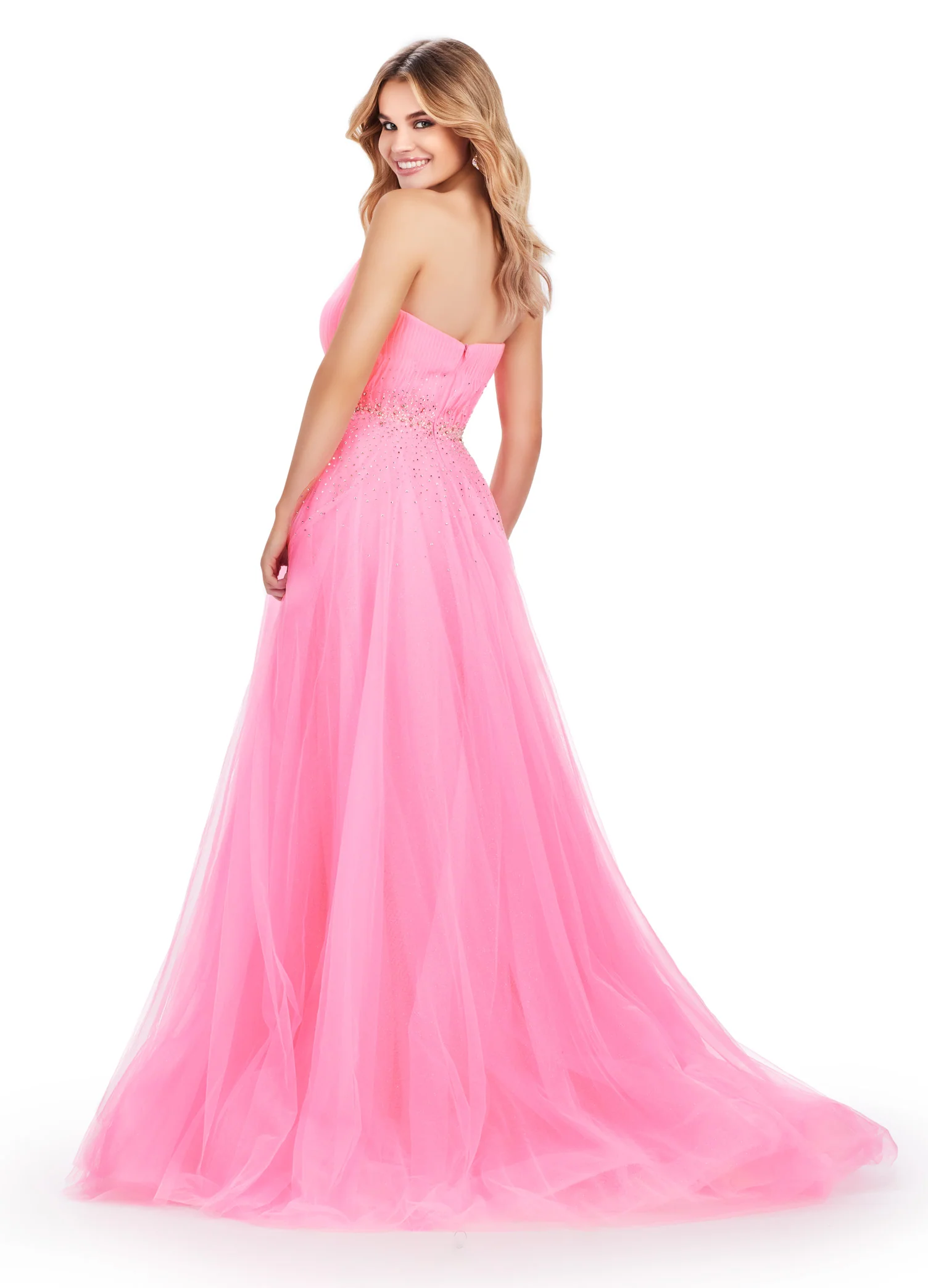 Ashley Lauren 11597 Long Prom Dress Strapless Glitter Tulle Ball Gown Beaded Belt Formal Pageant Gown - Image 2