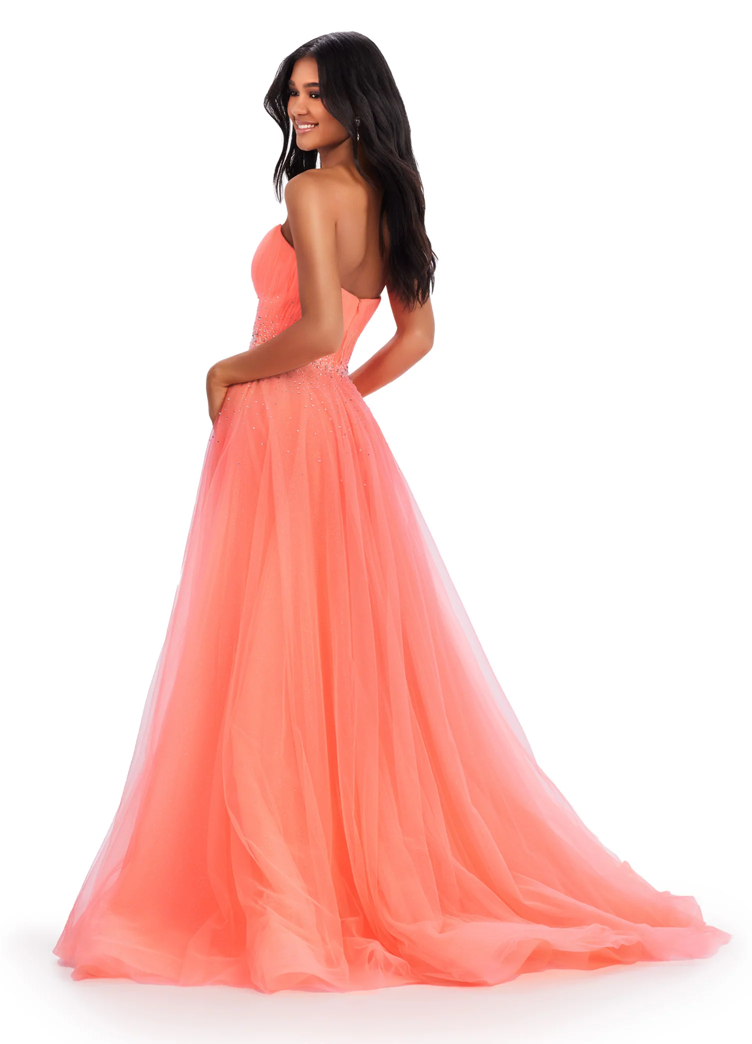 Ashley Lauren 11597 Long Prom Dress Strapless Glitter Tulle Ball Gown Beaded Belt Formal Pageant Gown - Image 3
