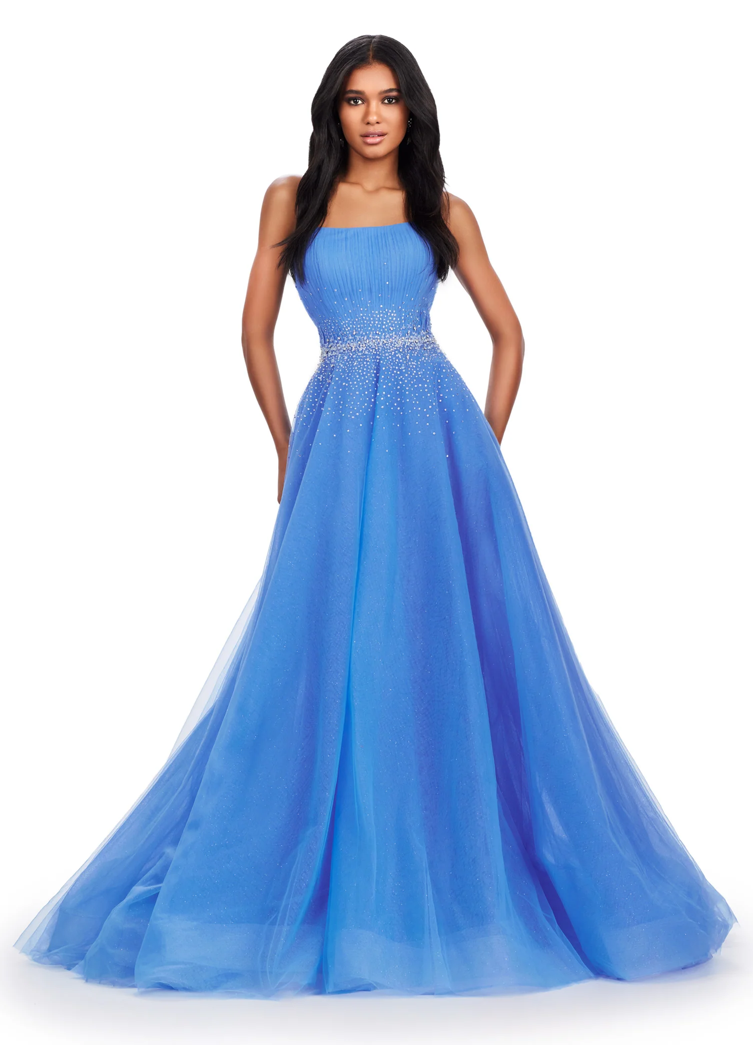 Ashley Lauren 11597 Long Prom Dress Strapless Glitter Tulle Ball Gown Beaded Belt Formal Pageant Gown - Image 4