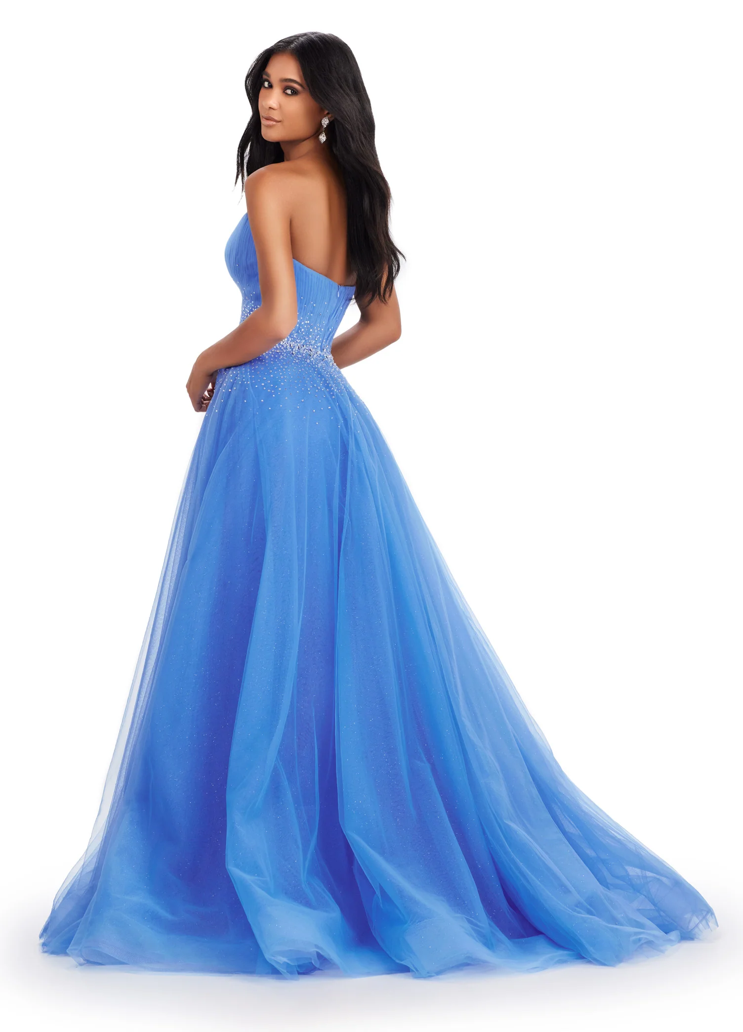 Ashley Lauren 11597 Long Prom Dress Strapless Glitter Tulle Ball Gown Beaded Belt Formal Pageant Gown - Image 5