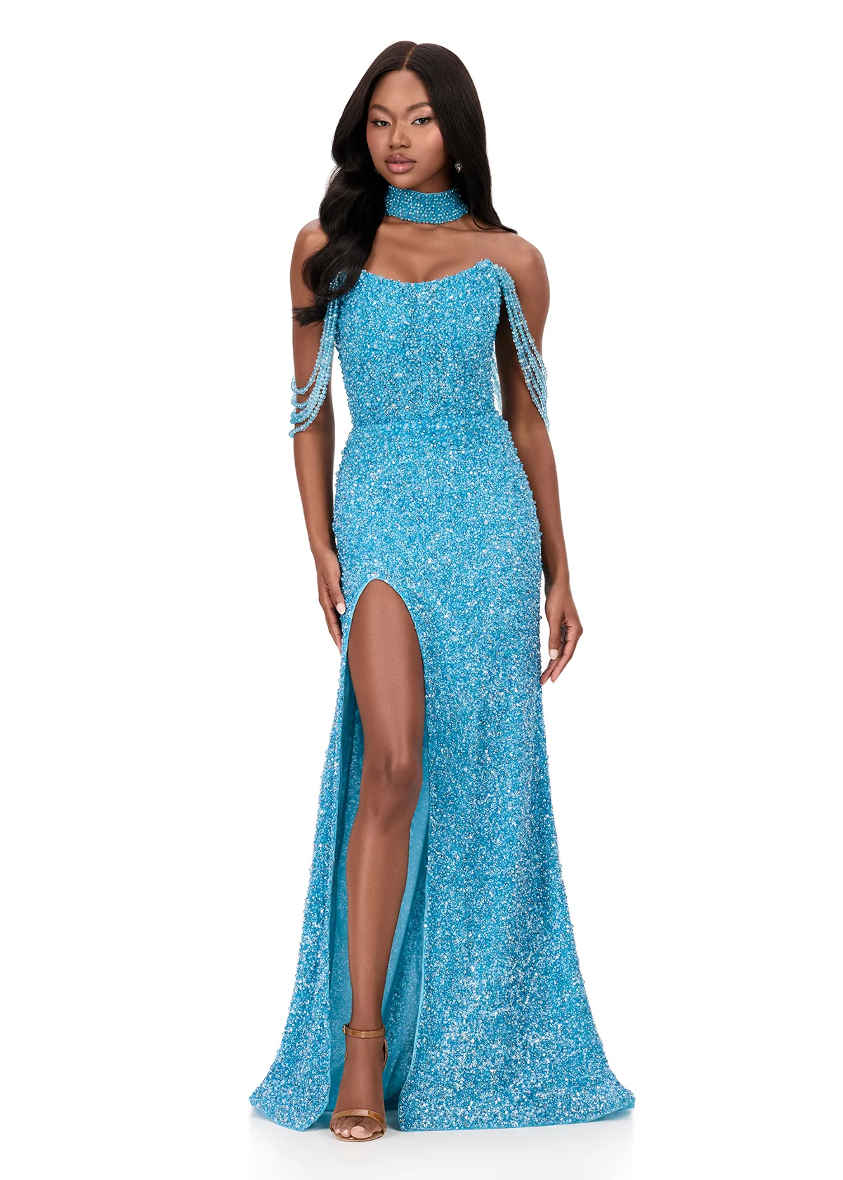 ASHLEYlauren 11598 Off Shoulder Pearl Beaded Gown - Image 6