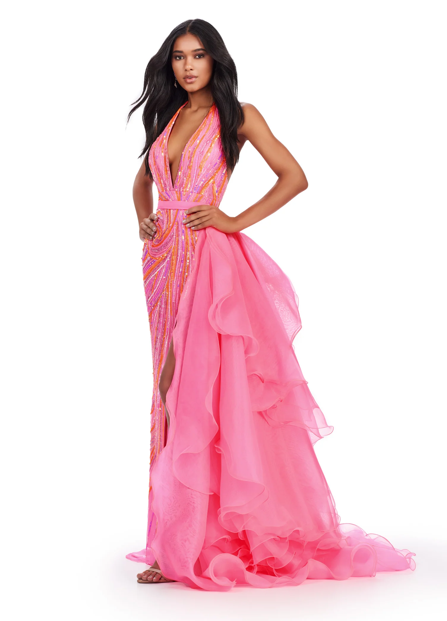 Ashley Lauren 11601 Long Organza Ruffle Side Overskirt - Image 10