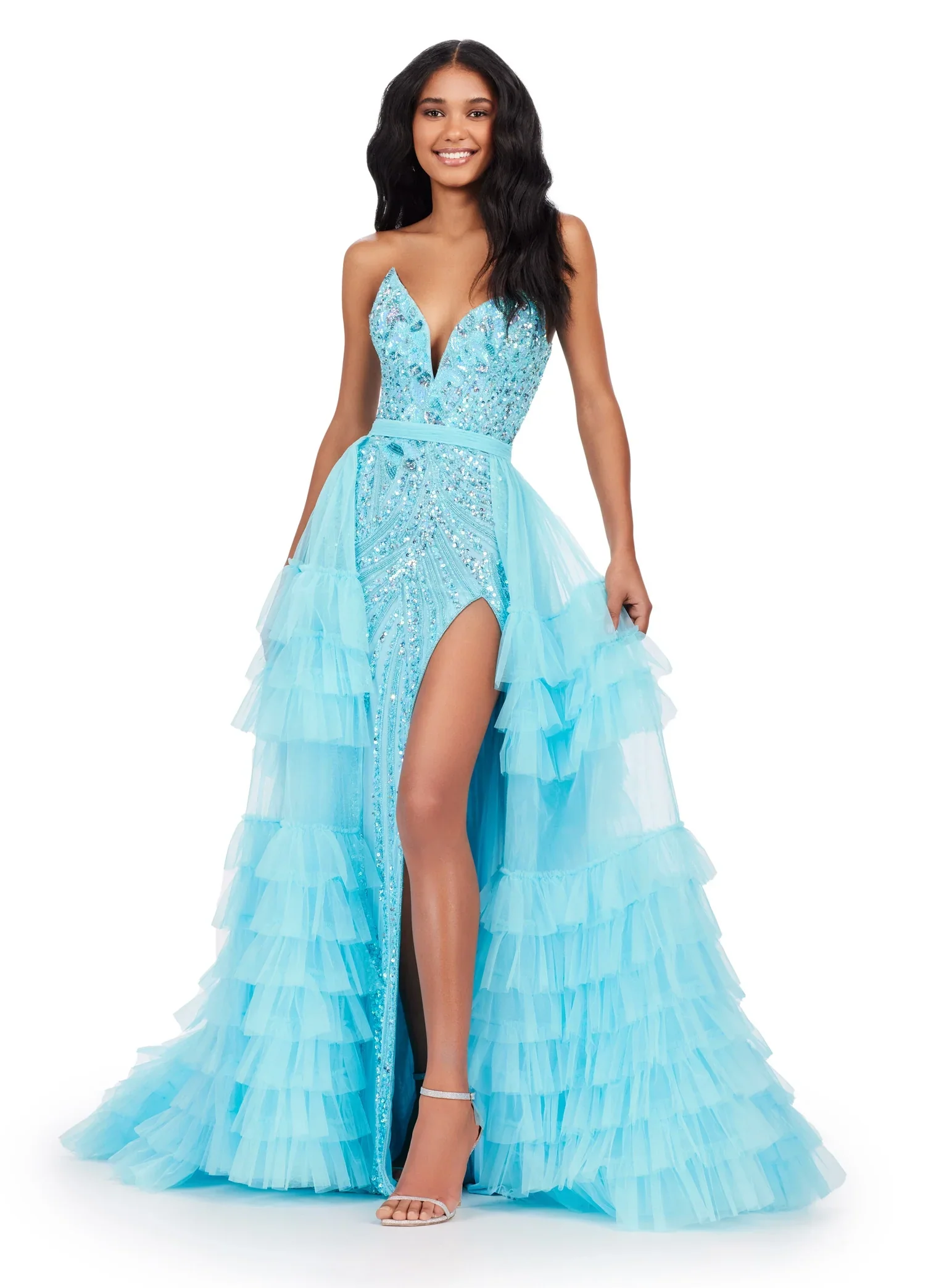 Ashley Lauren 11602 Size 10 White Ruffle Tulle Detachable Overskirt Layer Ruffle Pageant Skirt Train Formal - Image 5