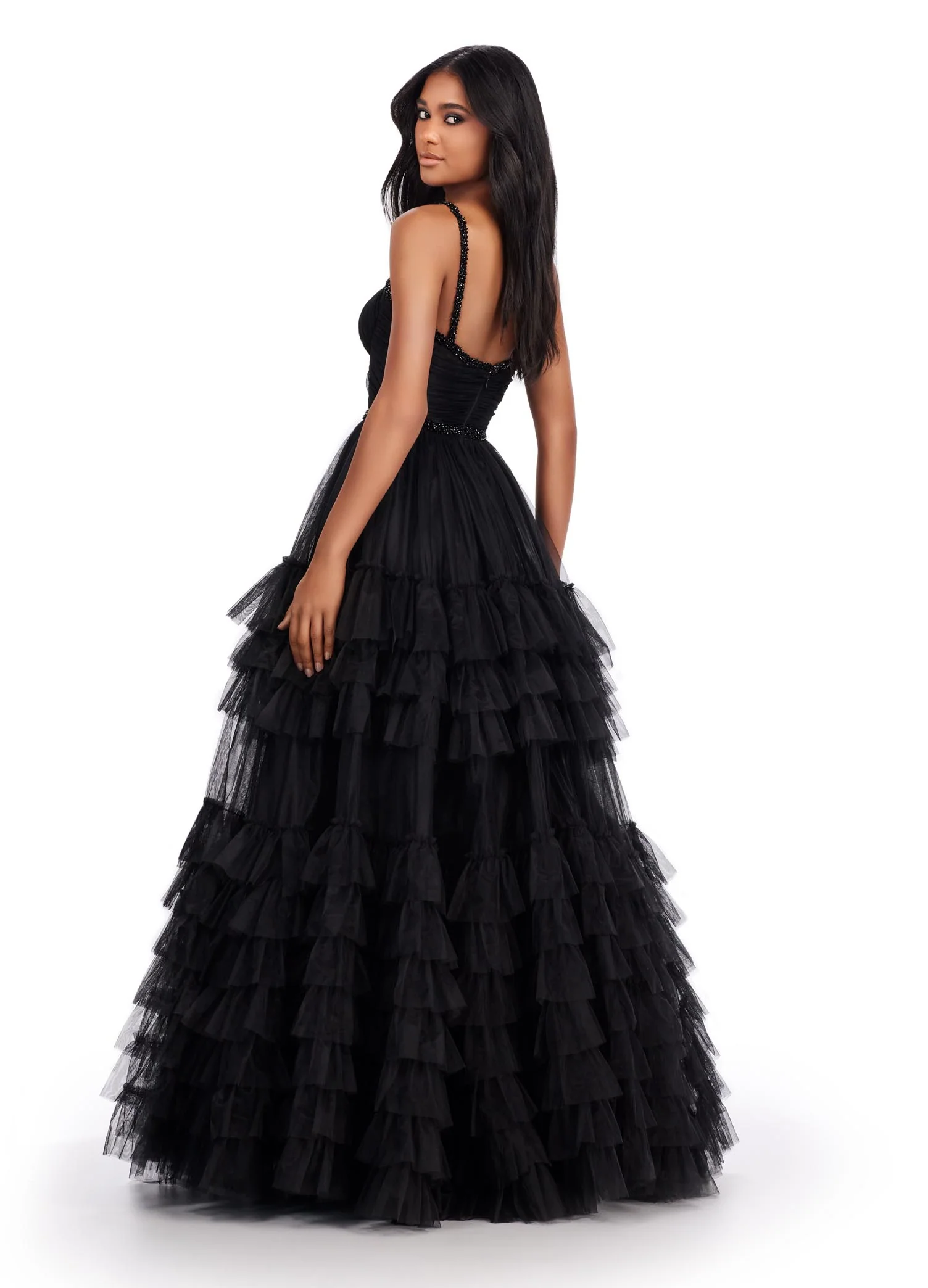 Ashley Lauren 11603 Long Tulle Ruffle Layer Ballgown Prom Dress Beaded Corset Pageant Gown - Image 10
