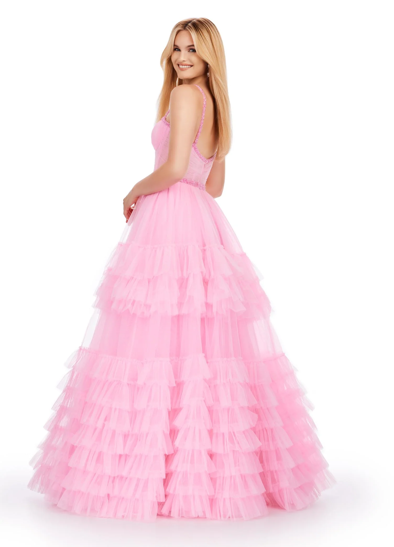 Ashley Lauren 11603 Long Tulle Ruffle Layer Ballgown Prom Dress Beaded Corset Pageant Gown - Image 11