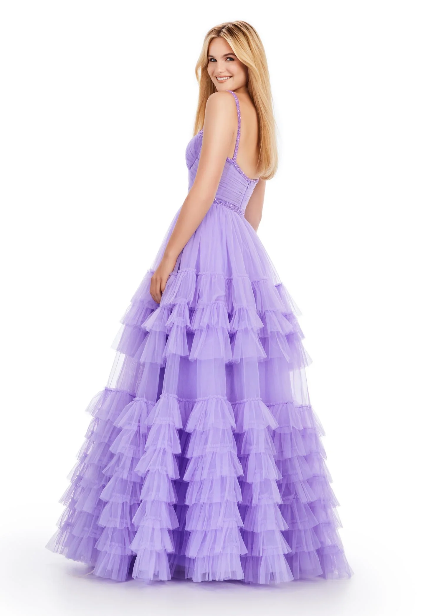 Ashley Lauren 11603 Long Tulle Ruffle Layer Ballgown Prom Dress Beaded Corset Pageant Gown - Image 12