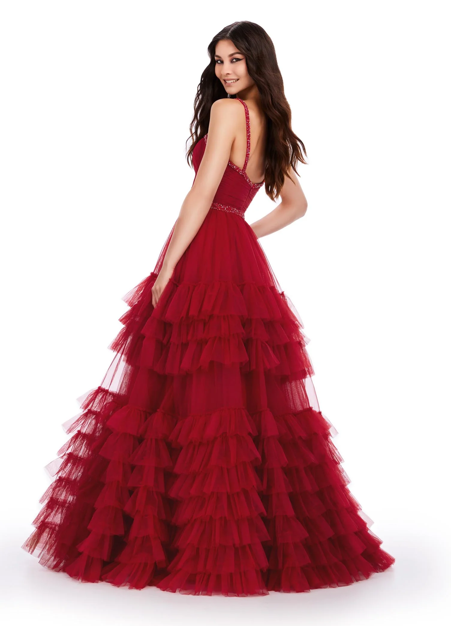 Ashley Lauren 11603 Long Tulle Ruffle Layer Ballgown Prom Dress Beaded Corset Pageant Gown - Image 13