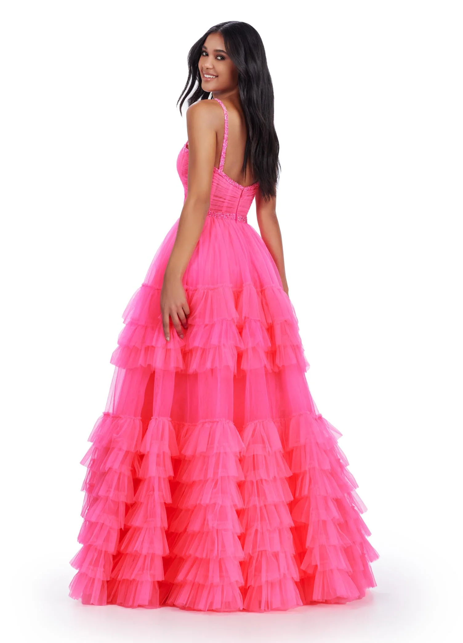 Ashley Lauren 11603 Long Tulle Ruffle Layer Ballgown Prom Dress Beaded Corset Pageant Gown - Image 14