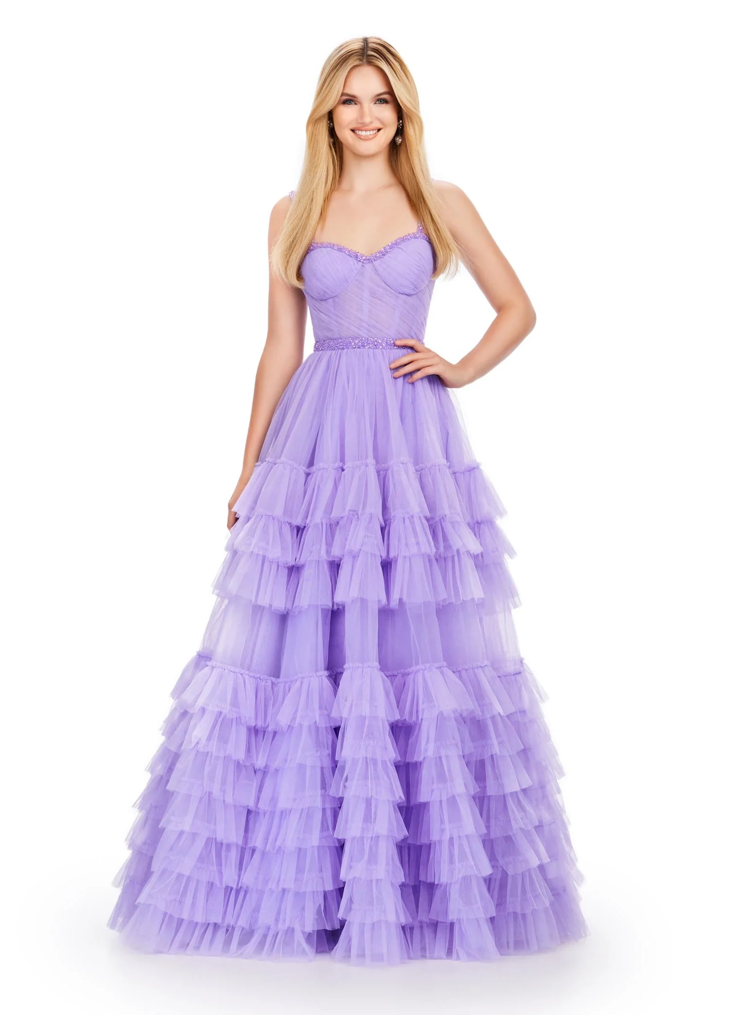 Ashley Lauren 11603 Long Tulle Ruffle Layer Ballgown Prom Dress Beaded Corset Pageant Gown - Image 3