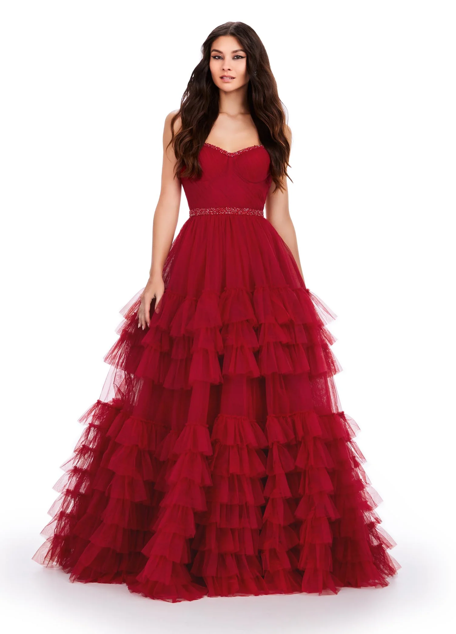 Ashley Lauren 11603 Long Tulle Ruffle Layer Ballgown Prom Dress Beaded Corset Pageant Gown - Image 4