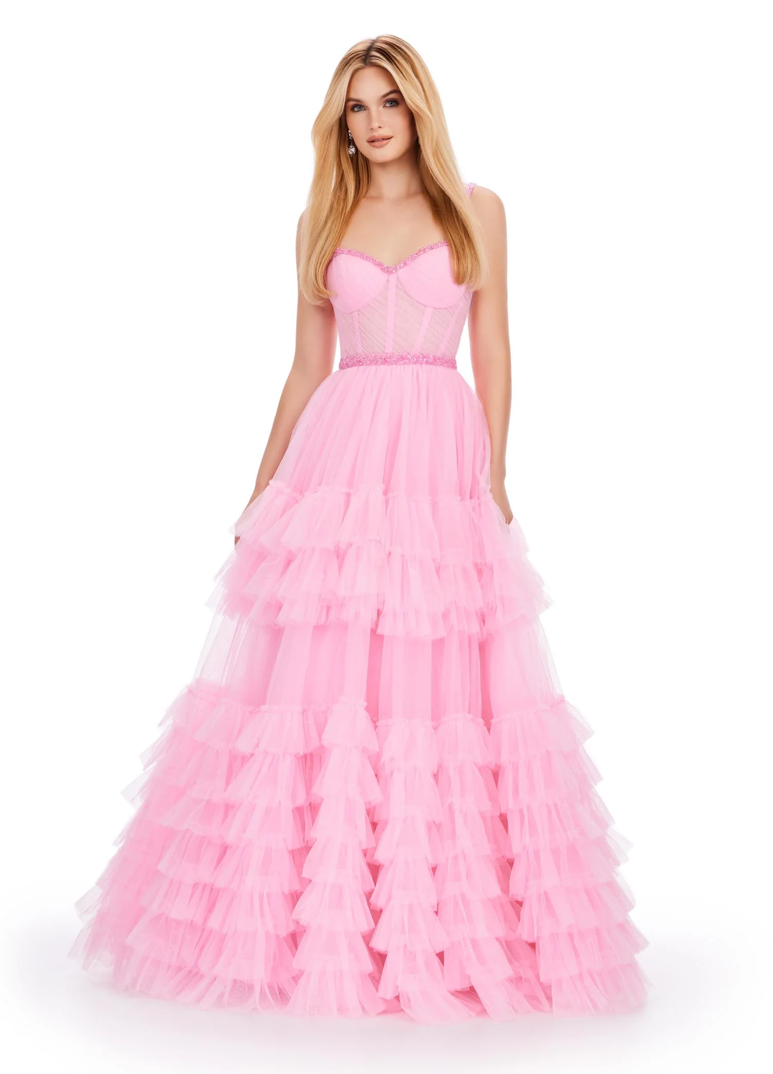 Ashley Lauren 11603 Long Tulle Ruffle Layer Ballgown Prom Dress Beaded Corset Pageant Gown - Image 5