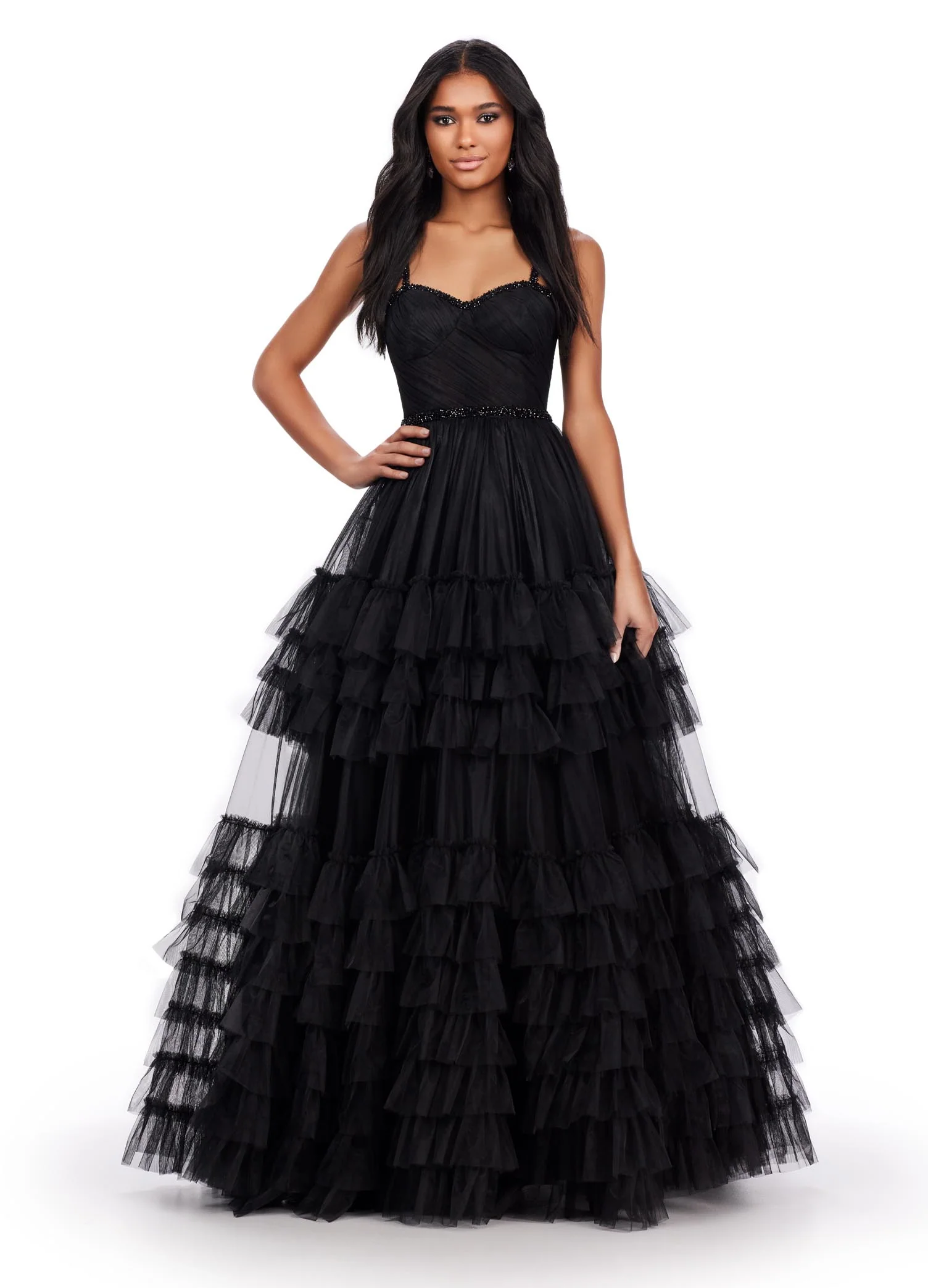 Ashley Lauren 11603 Long Tulle Ruffle Layer Ballgown Prom Dress Beaded Corset Pageant Gown - Image 6