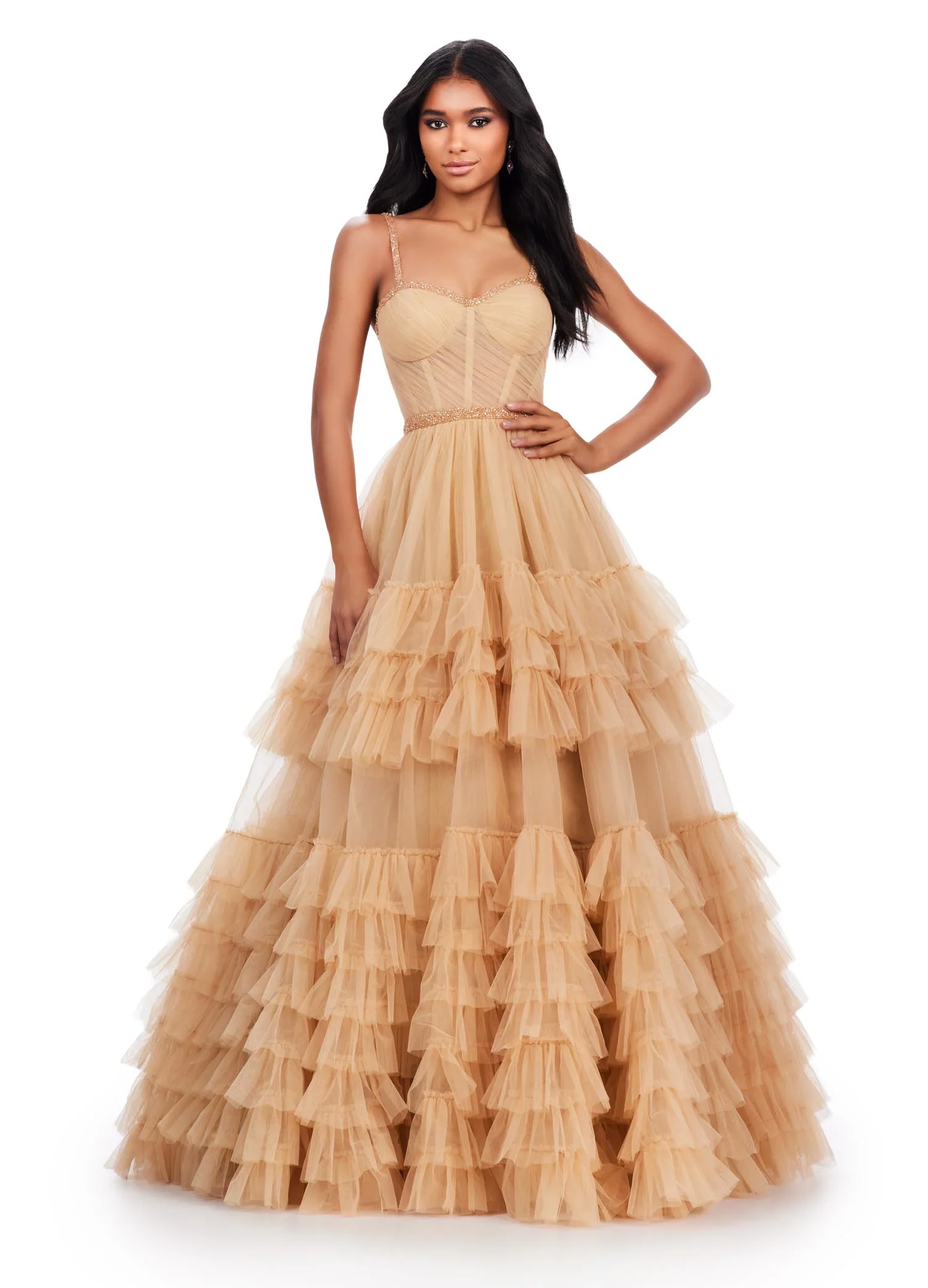 Ashley Lauren 11603 Long Tulle Ruffle Layer Ballgown Prom Dress Beaded Corset Pageant Gown - Image 7