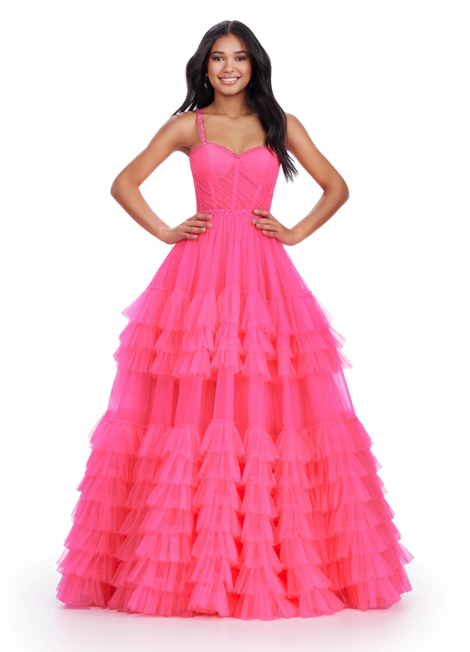 Ashley Lauren 11603 Long Tulle Ruffle Layer Ballgown Prom Dress Beaded Corset Pageant Gown - Image 8
