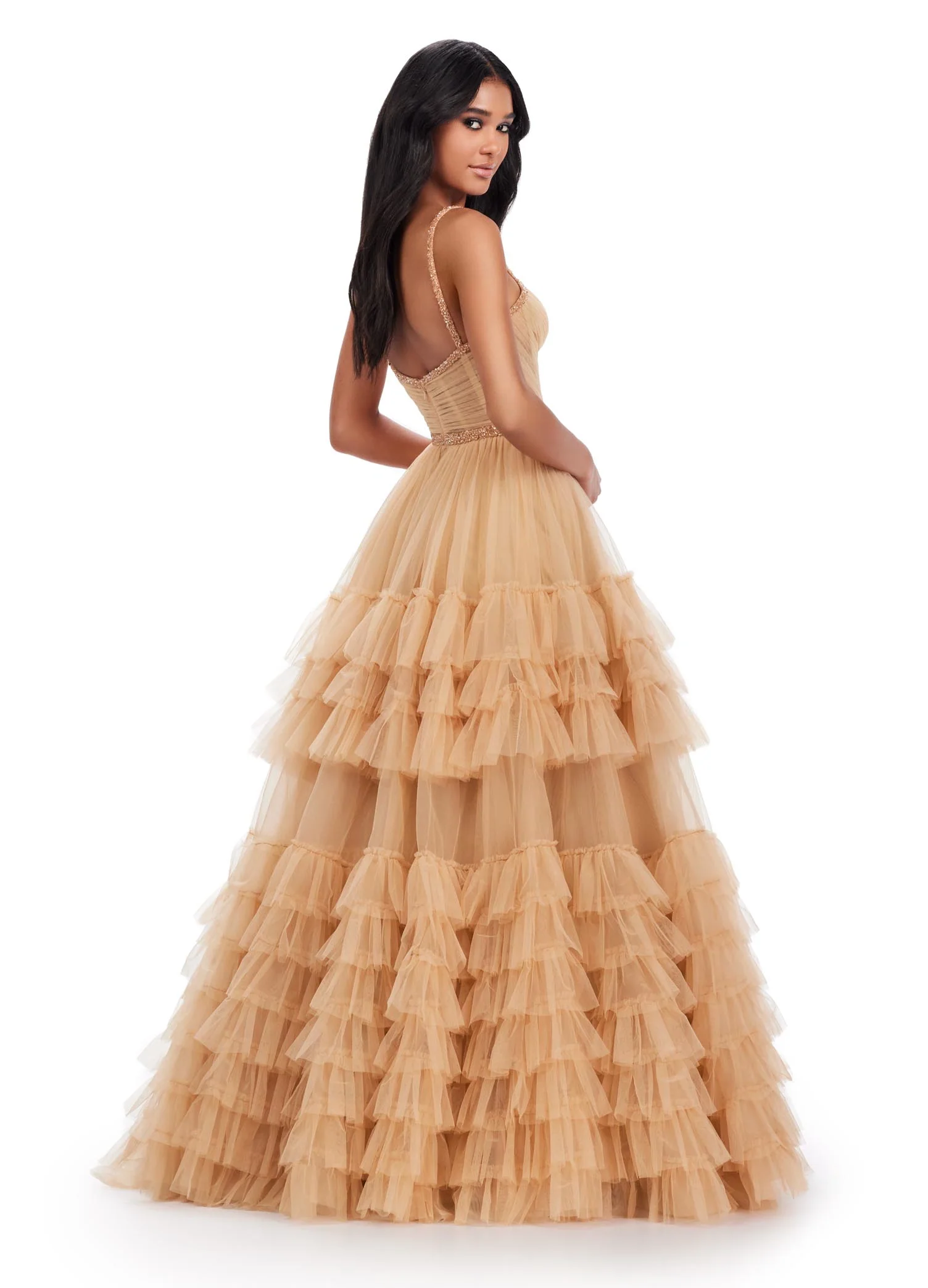 Ashley Lauren 11603 Long Tulle Ruffle Layer Ballgown Prom Dress Beaded Corset Pageant Gown - Image 9