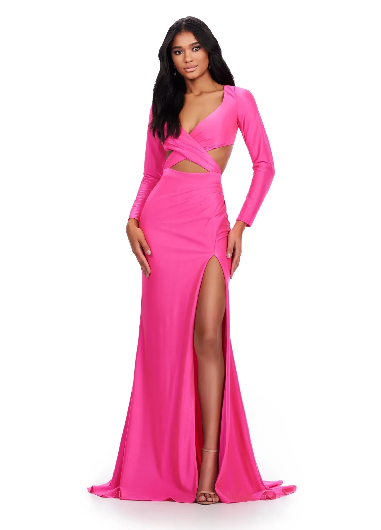 Ashley Lauren 11607 Size 0 Hot Pink Cutout Prom Dress Long Sleeve Jersey Slit Fitted Skirt Formal Gown