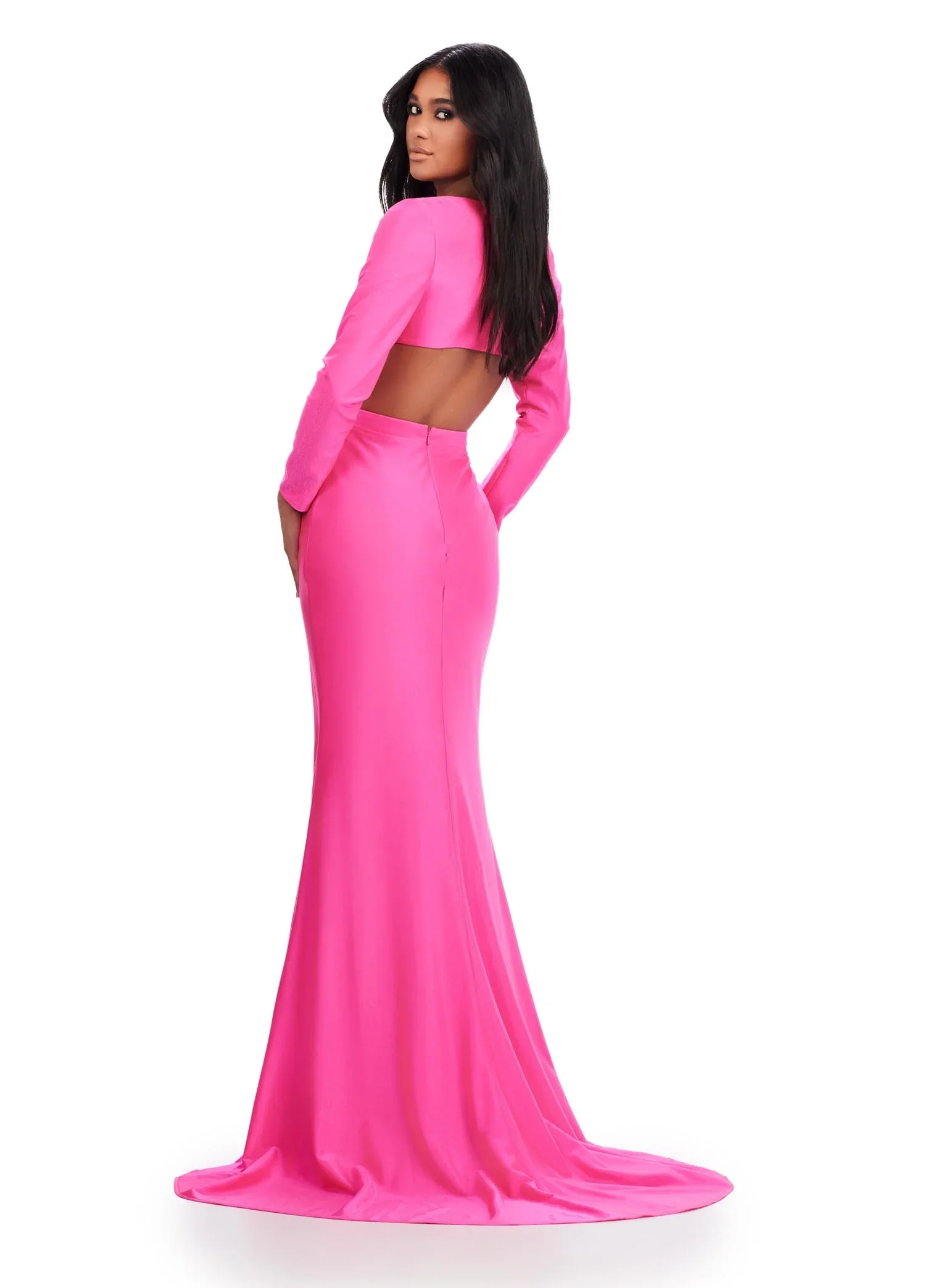 Ashley Lauren 11607 Size 0 Hot Pink Cutout Prom Dress Long Sleeve Jersey Slit Fitted Skirt Formal Gown - Image 2