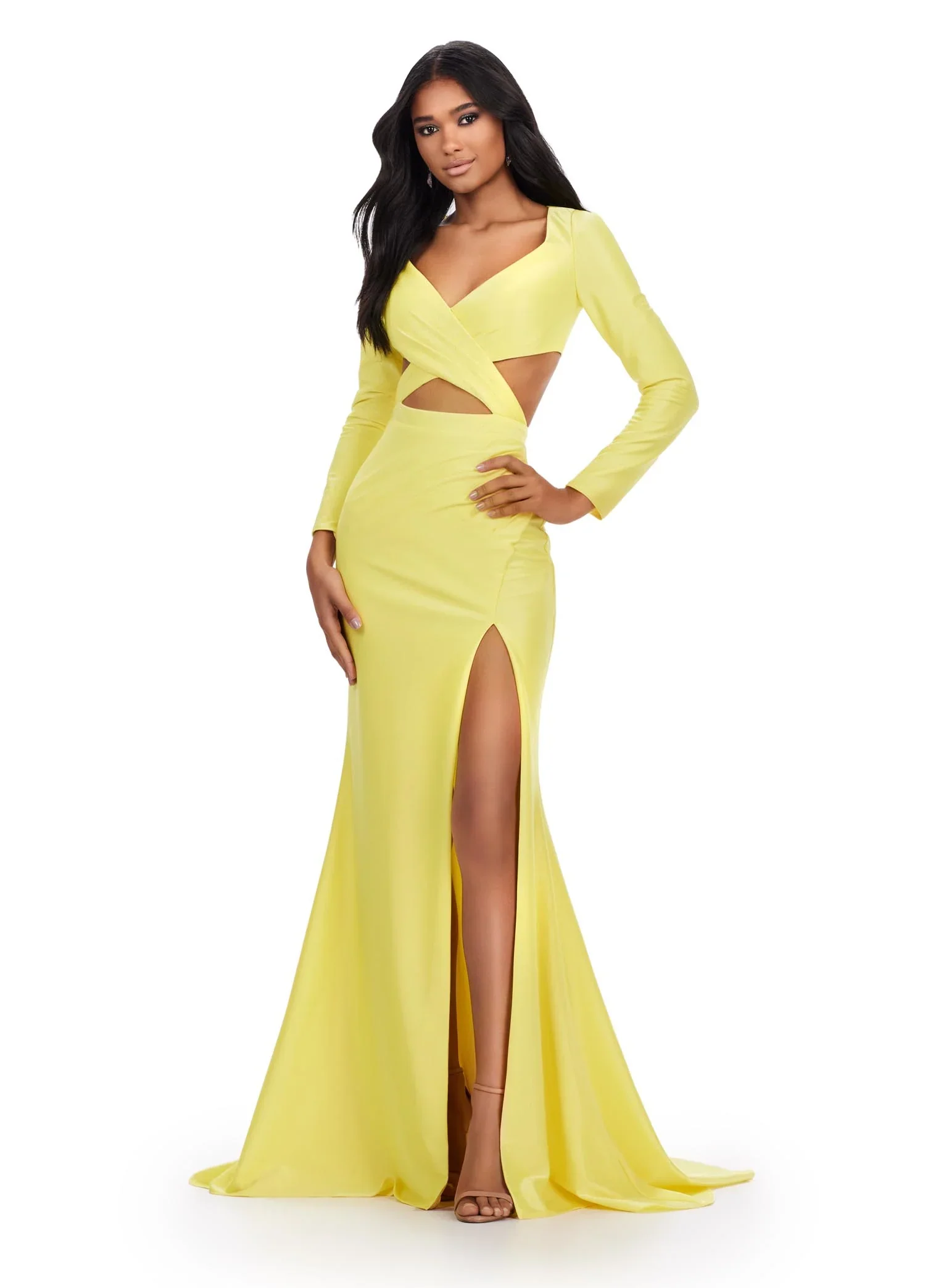 Ashley Lauren 11607 Size 0 Hot Pink Cutout Prom Dress Long Sleeve Jersey Slit Fitted Skirt Formal Gown - Image 5