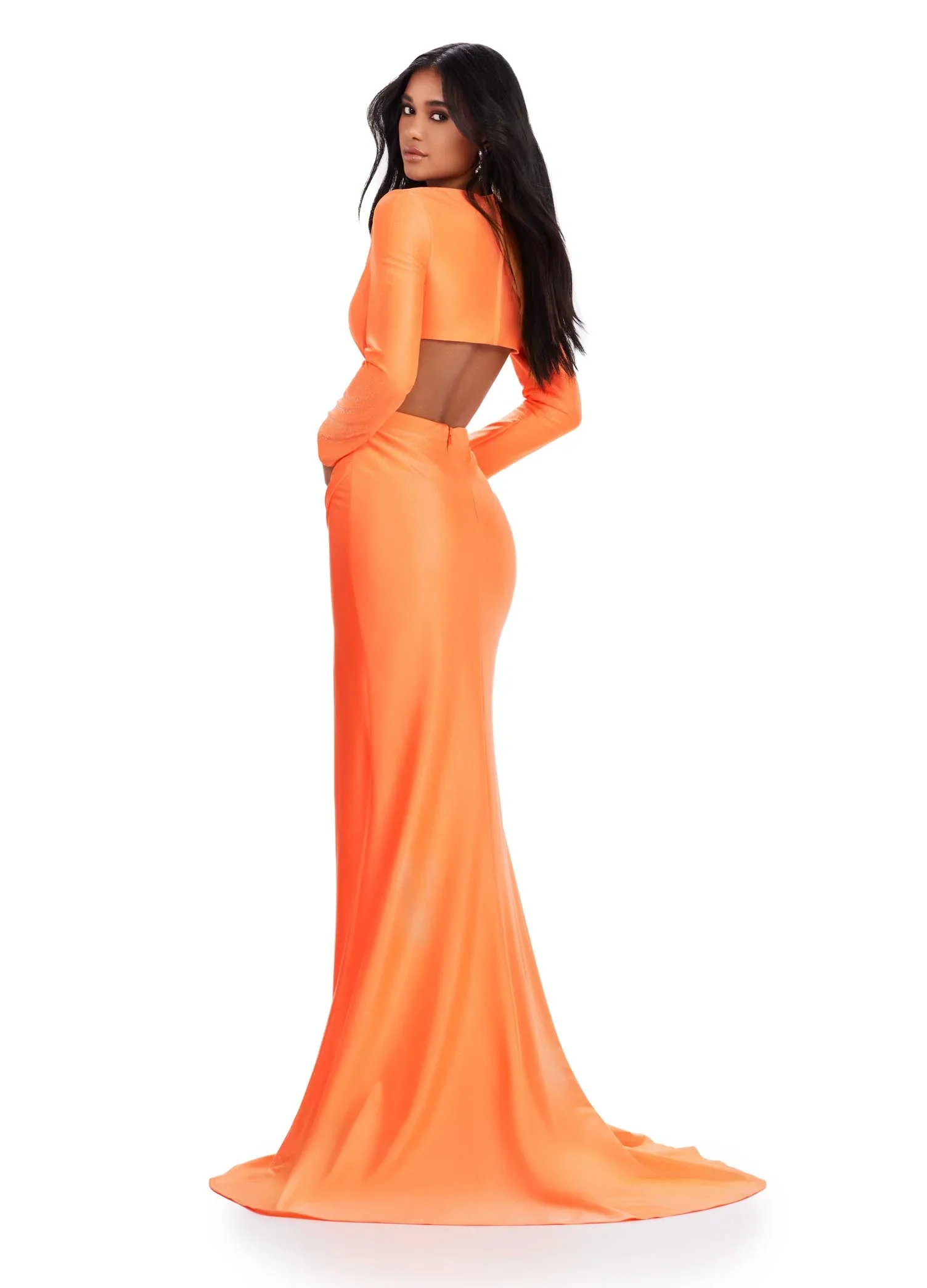 Ashley Lauren 11607 Size 0 Hot Pink Cutout Prom Dress Long Sleeve Jersey Slit Fitted Skirt Formal Gown - Image 6