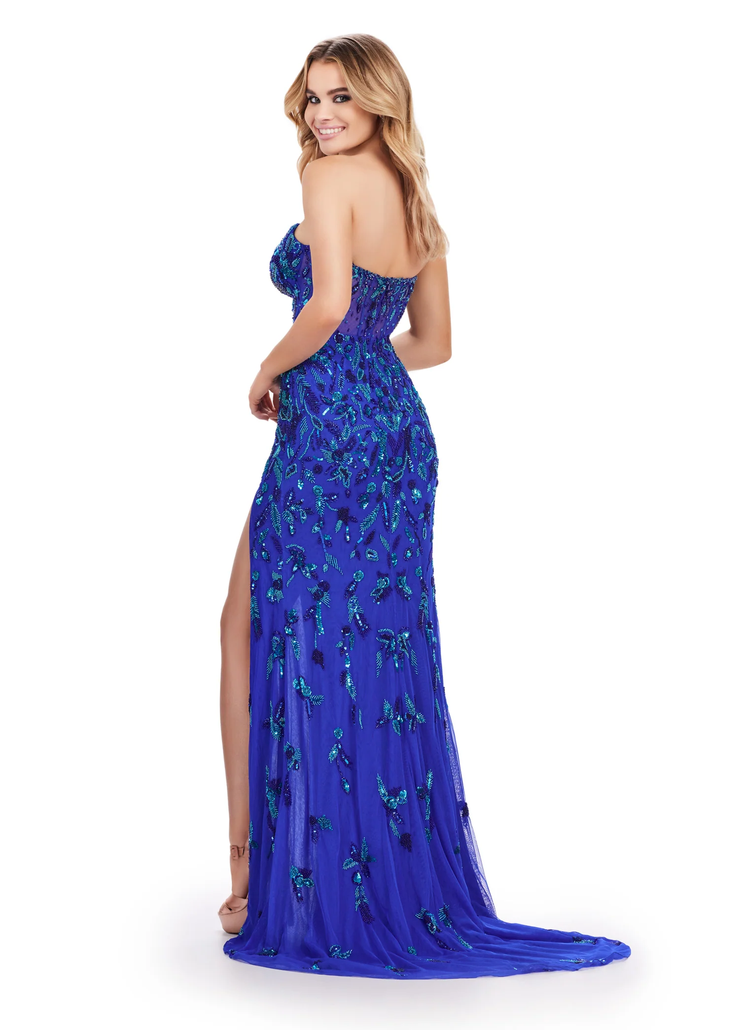 Ashley Lauren 11614 Long Prom Dress Beaded Strapless Gown Slit  Corset Bustier Formal Pageant - Image 4