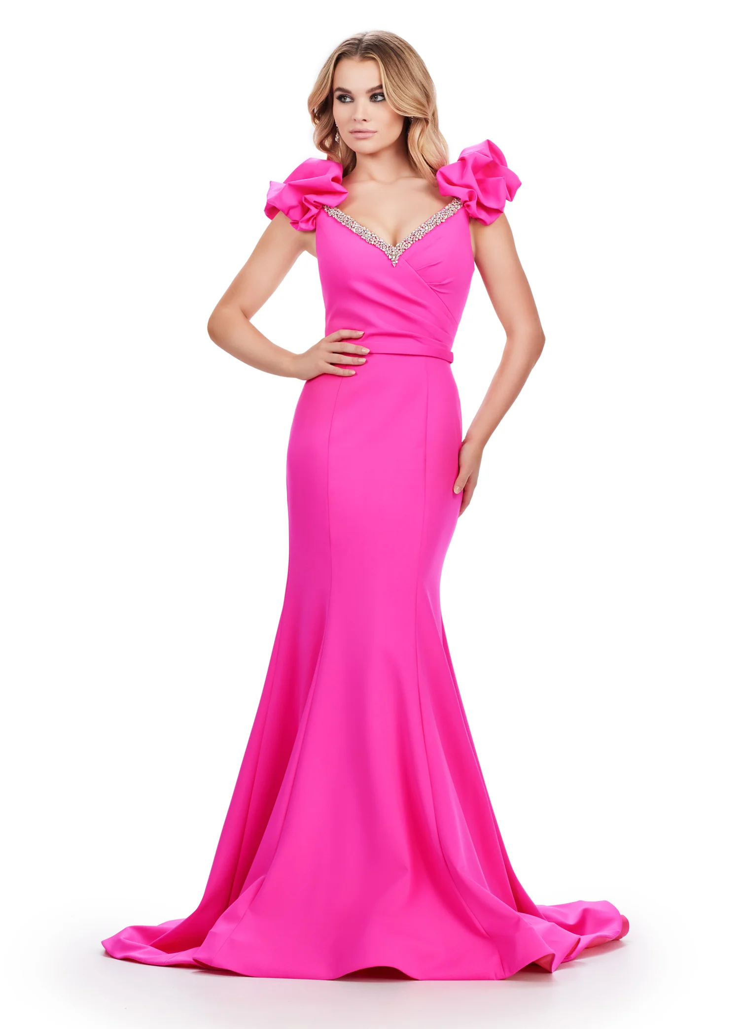 Ashley Lauren 11615 Long Prom Dress A-Line Scuba Gown Beaded Belt Puff Sleeves V Neck Formal Pageant Gown - Image 2