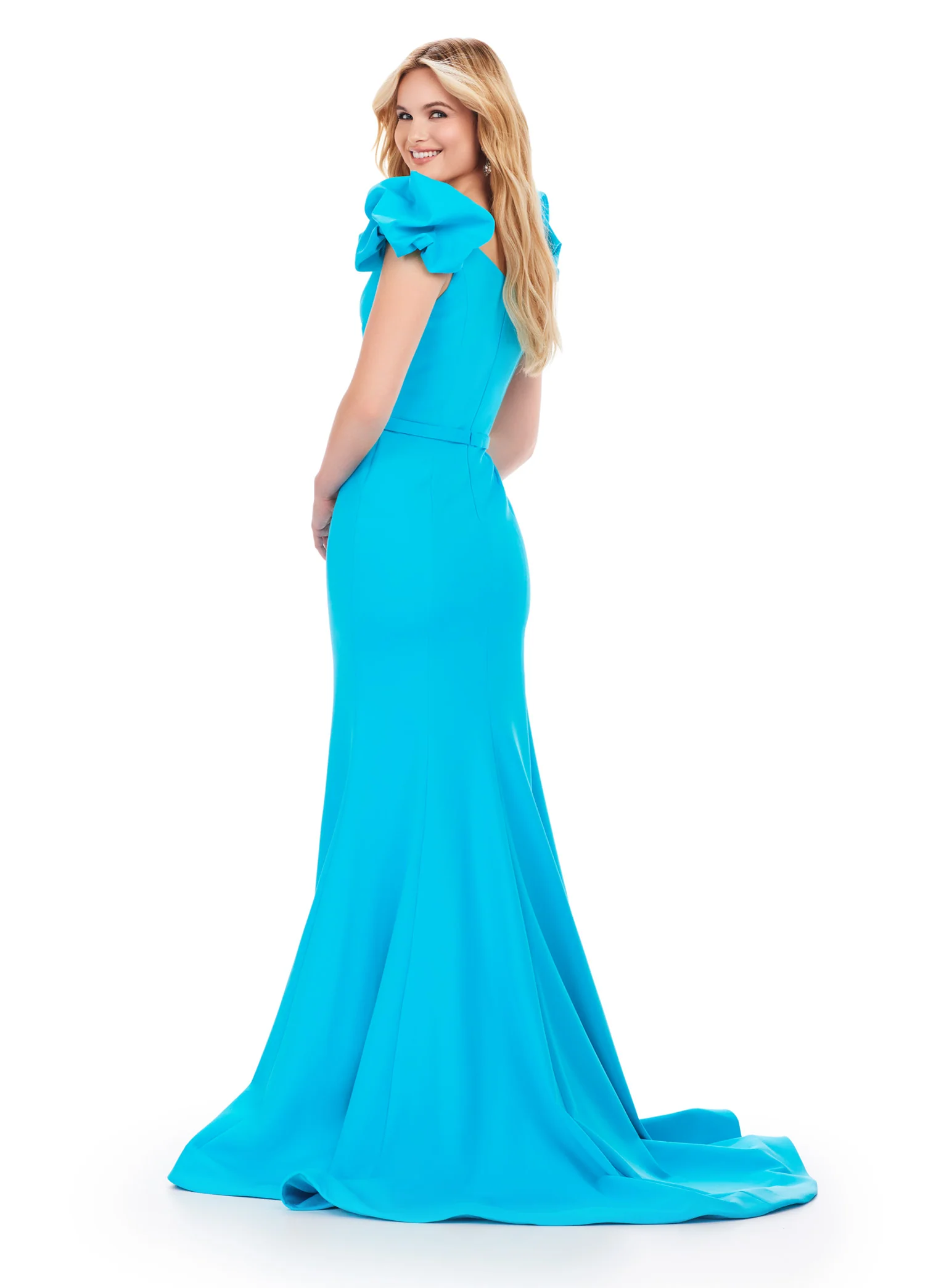 Ashley Lauren 11615 Long Prom Dress A-Line Scuba Gown Beaded Belt Puff Sleeves V Neck Formal Pageant Gown - Image 4
