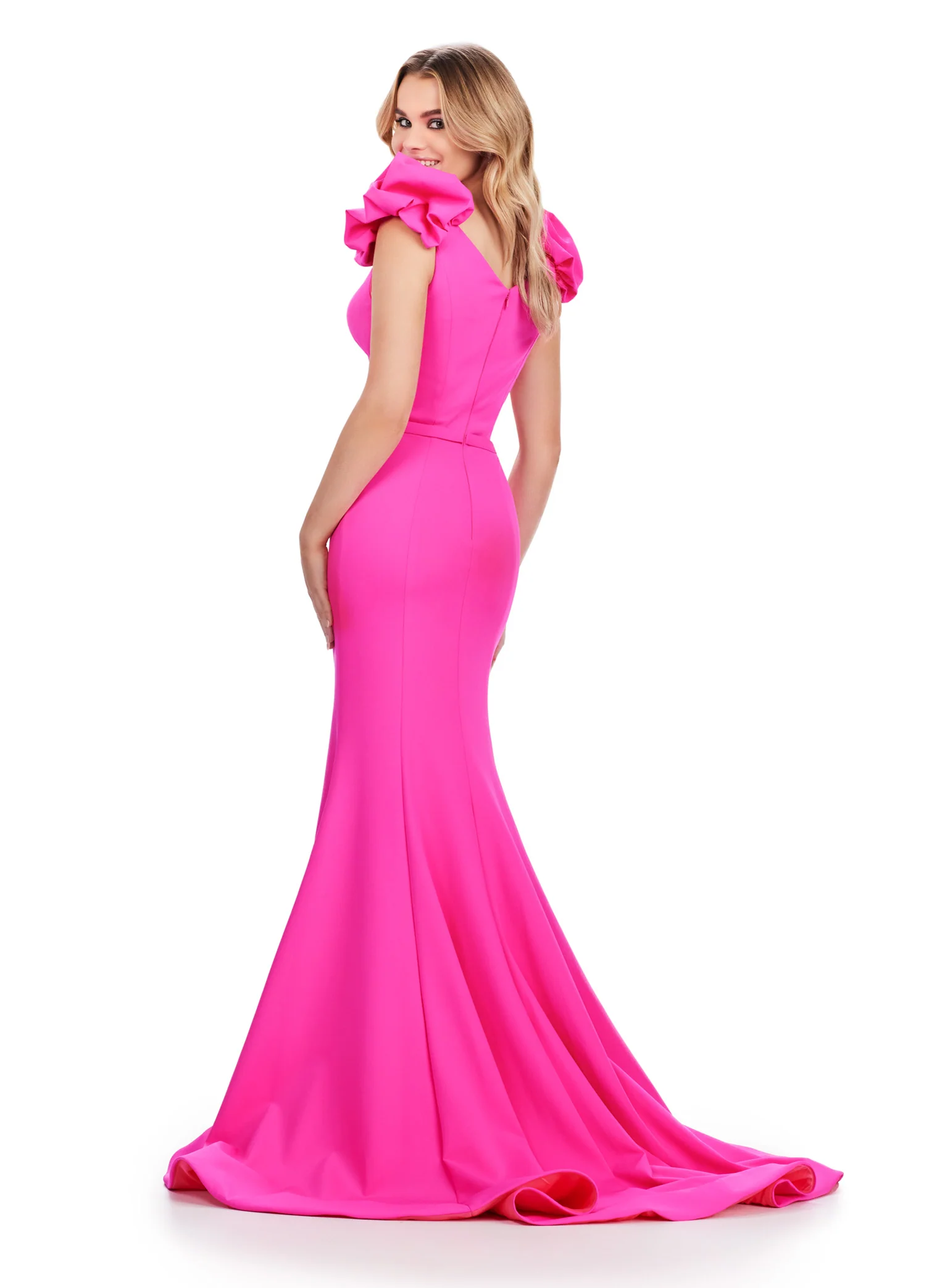 Ashley Lauren 11615 Long Prom Dress A-Line Scuba Gown Beaded Belt Puff Sleeves V Neck Formal Pageant Gown - Image 6