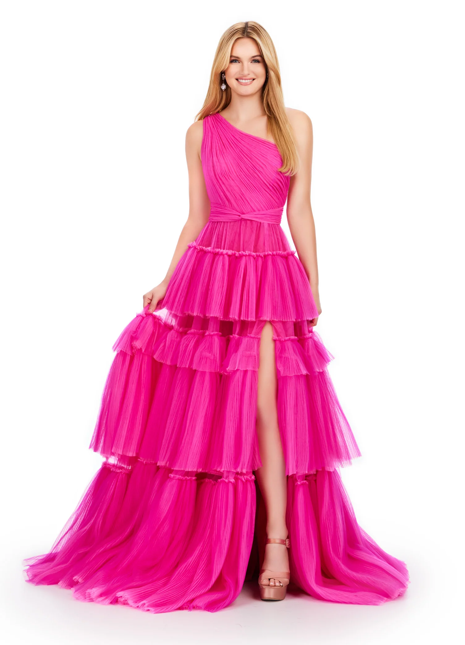Ashley Lauren 11619 Long Prom Dress Two-Tone Tiered Tulle Ball Gown Left Leg Slit Formal Pageant Gown