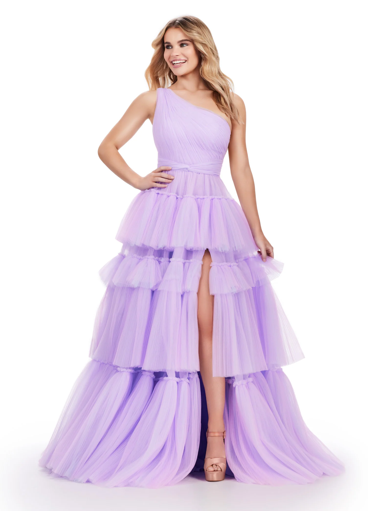 Ashley Lauren 11619 Long Prom Dress Two-Tone Tiered Tulle Ball Gown Left Leg Slit Formal Pageant Gown - Image 3