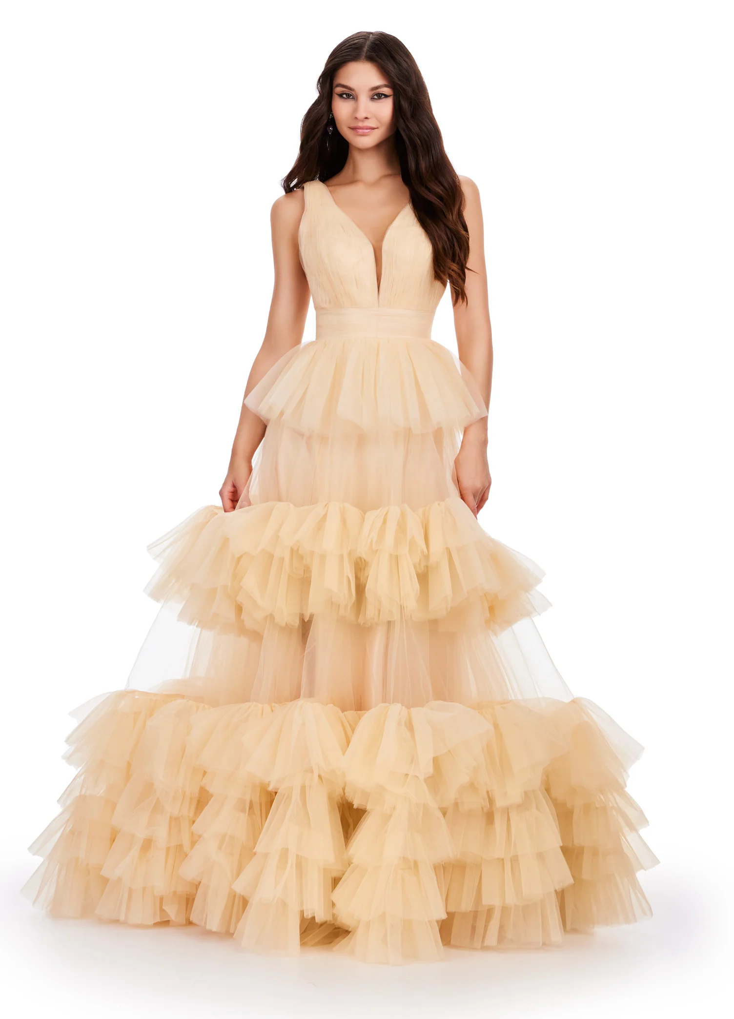 Ashley Lauren 11620 Long Prom Dress V-Neck Tiered Tulle Ball Gown Formal Pageant Gown - Image 3