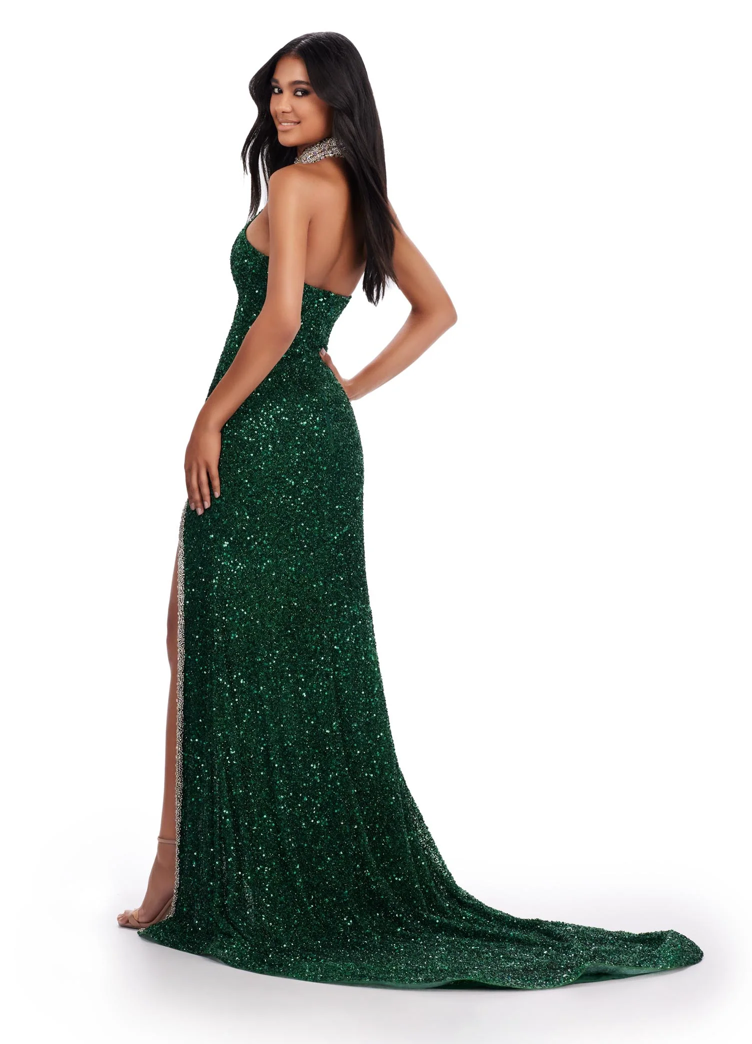 Ashley Lauren 11634 Long Prom Beaded Halter Cut Out Formal Pageant Dress Crystal Slit Choker Formal  Gown - Image 8