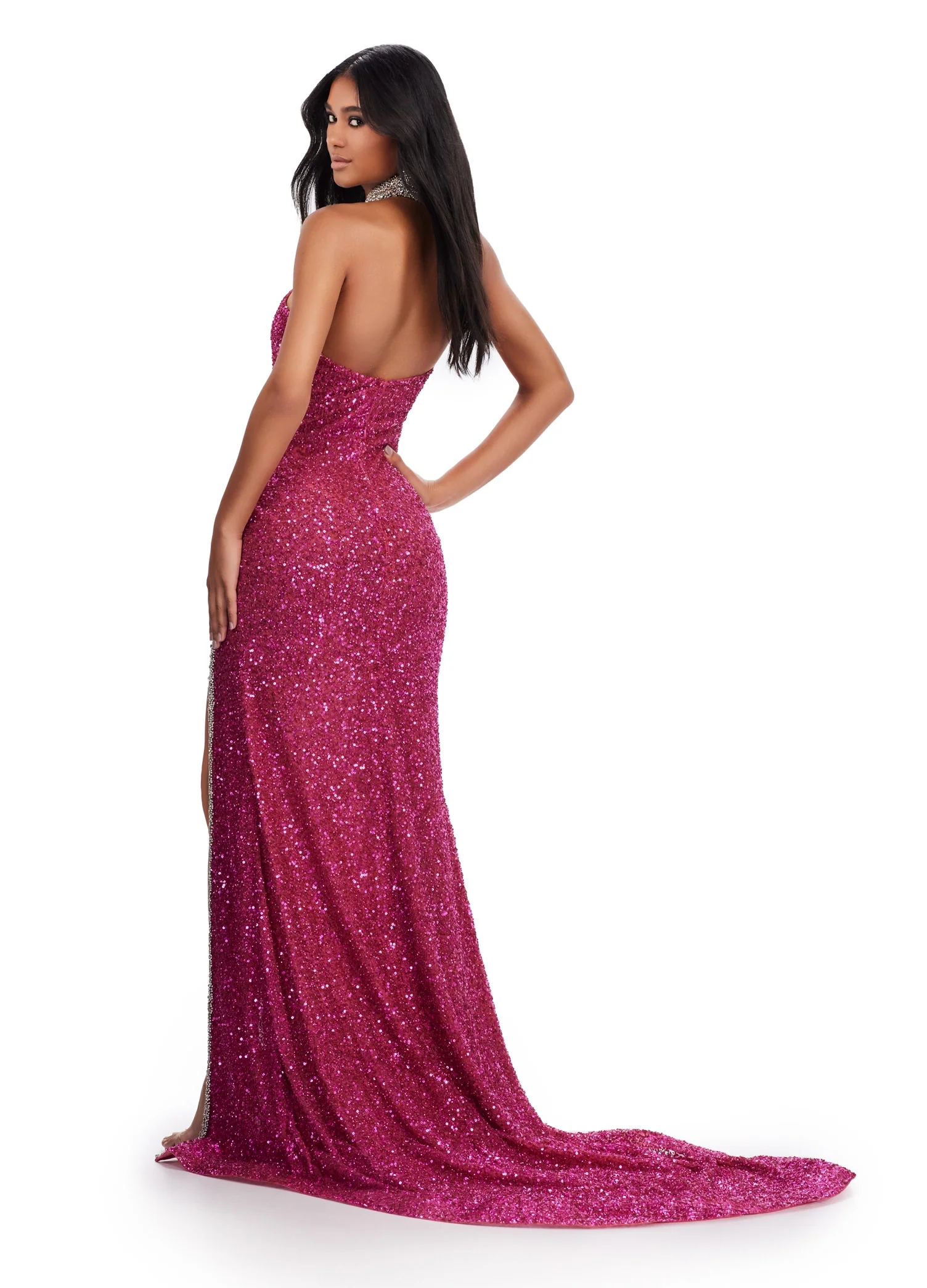 Ashley Lauren 11634 Long Prom Beaded Halter Cut Out Formal Pageant Dress Crystal Slit Choker Formal  Gown - Image 7