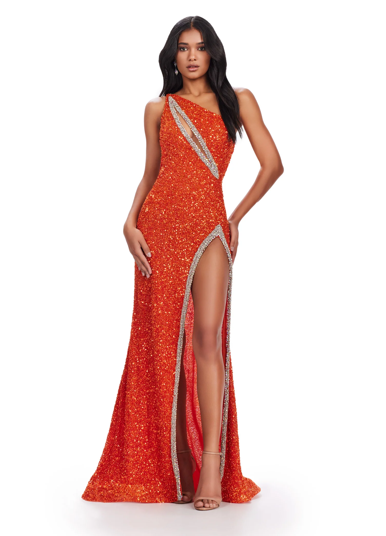 Ashley Lauren 11635 Long Prom Dress One Shoulder Beaded Gown Open Back  Cut Out Formal Pageant Gown