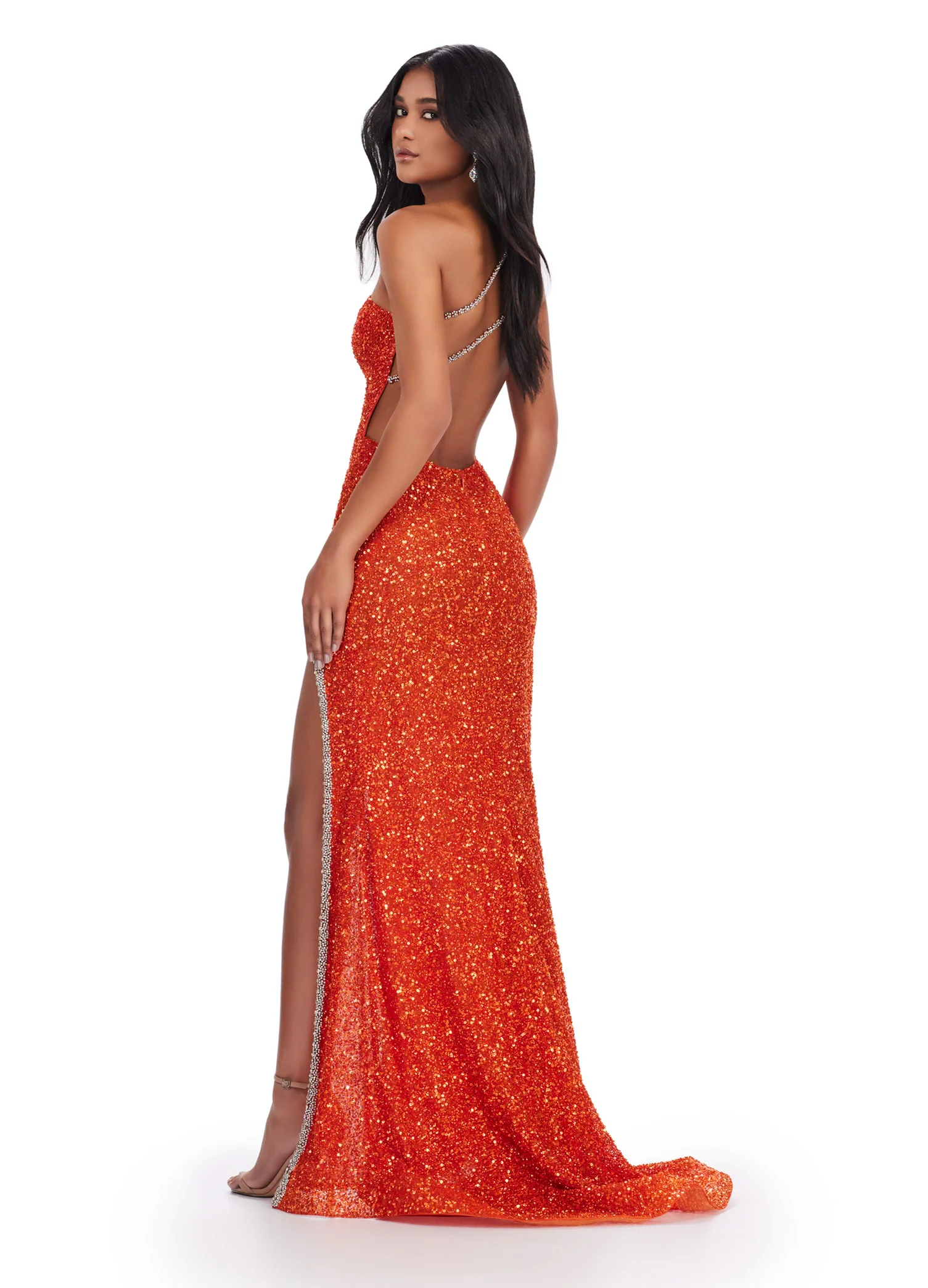 Ashley Lauren 11635 Long Prom Dress One Shoulder Beaded Gown Open Back  Cut Out Formal Pageant Gown - Image 6