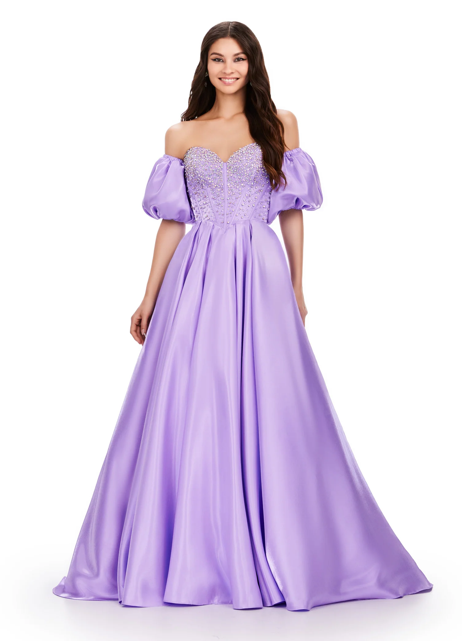 Ashley Lauren 11642 Satin Prom Dress Puff Sleeve Ballgown Pageant - Image 3