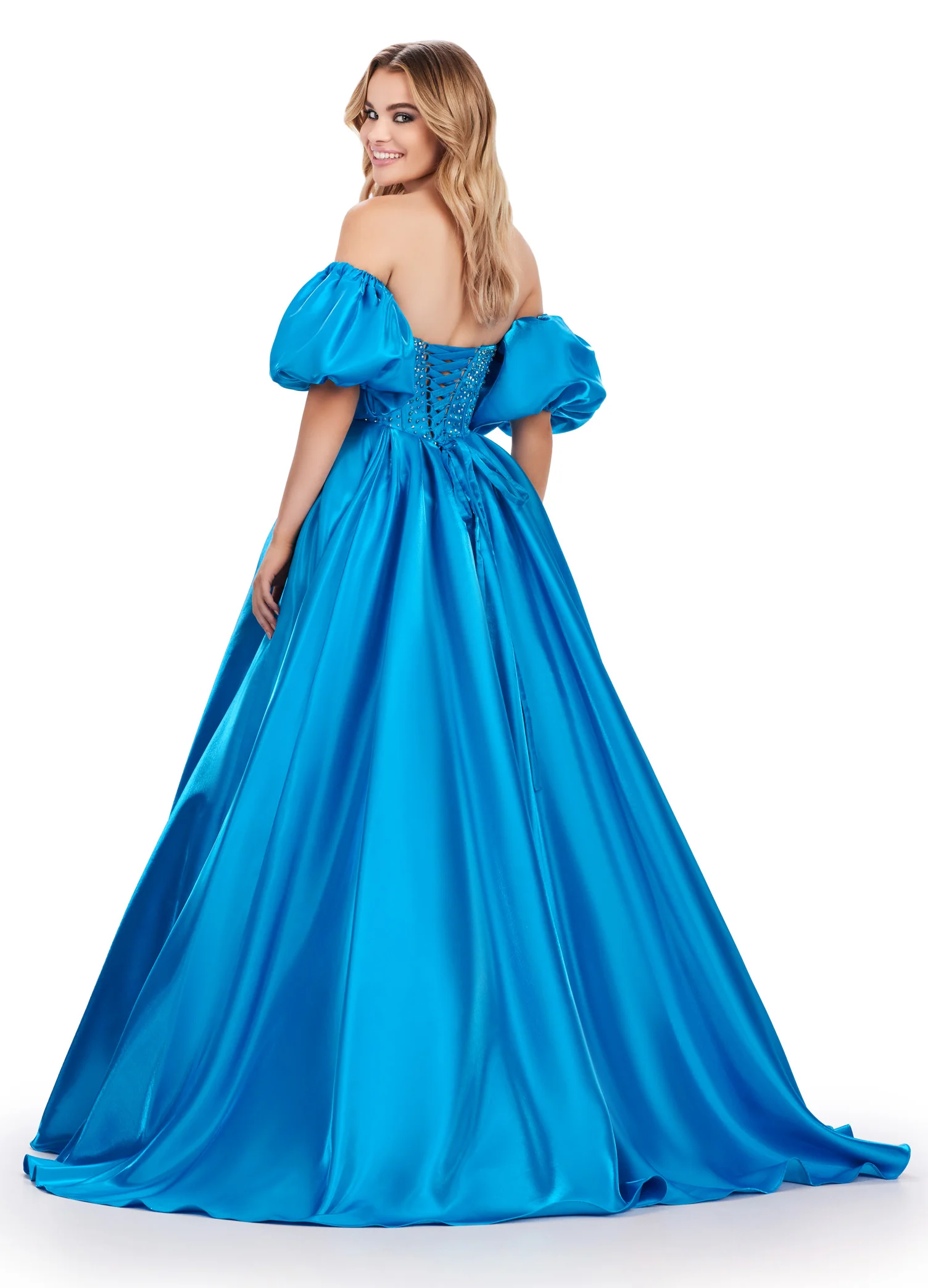 Ashley Lauren 11642 Satin Prom Dress Puff Sleeve Ballgown Pageant - Image 4