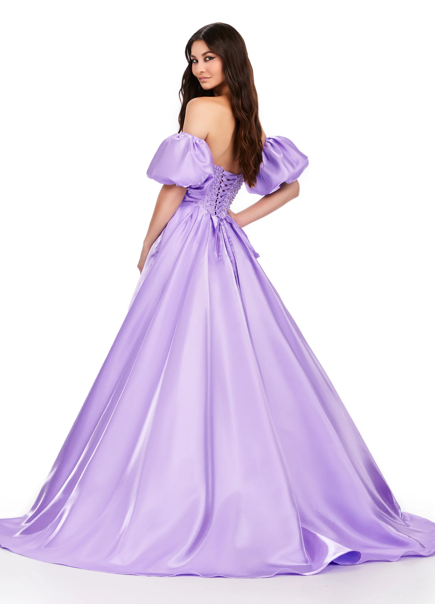 Ashley Lauren 11642 Satin Prom Dress Puff Sleeve Ballgown Pageant - Image 5
