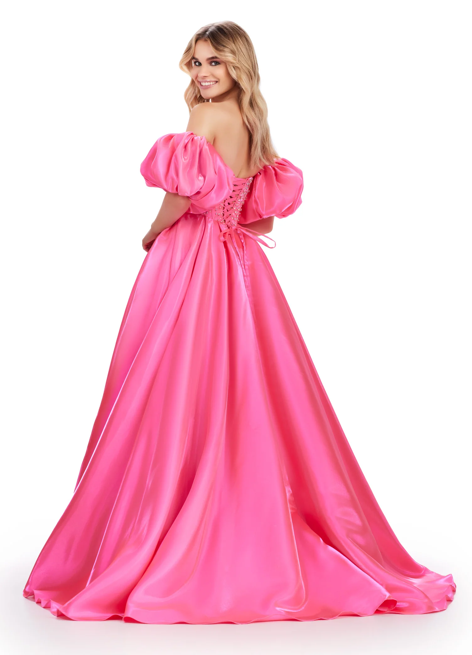 Ashley Lauren 11642 Satin Prom Dress Puff Sleeve Ballgown Pageant - Image 6