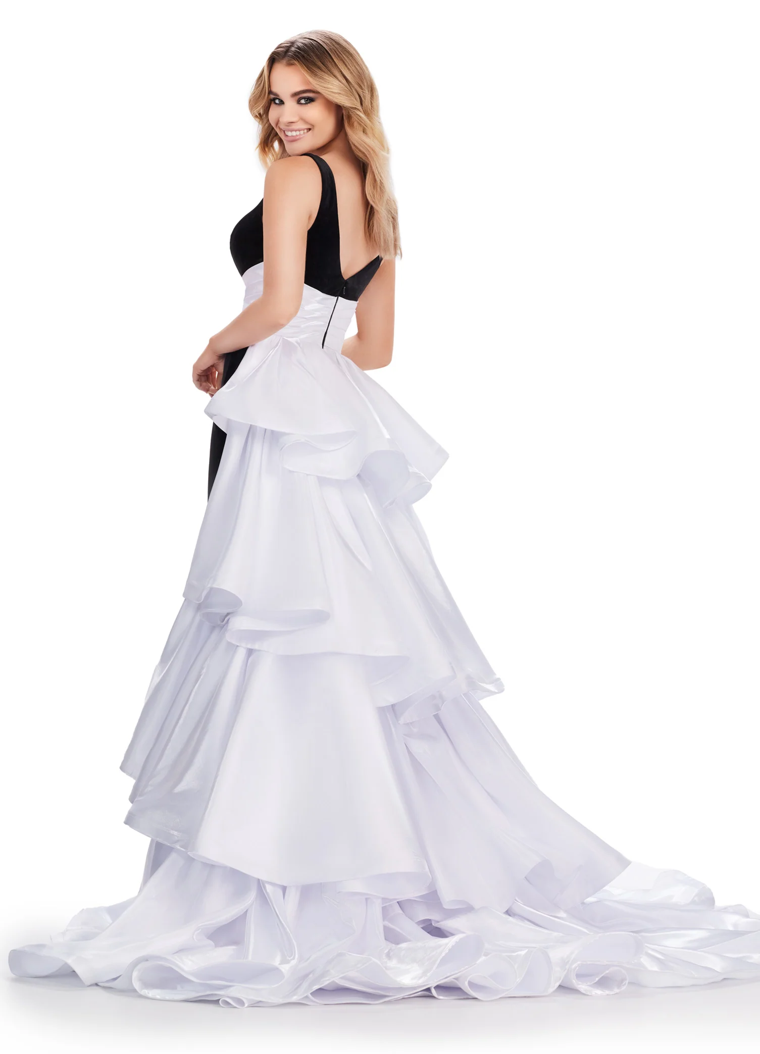 Ashley Lauren 11643 Long Prom Dress Velvet Fitted Gown Satin Ruffled Overskirt V Neck Formal Pageant Gown - Image 4