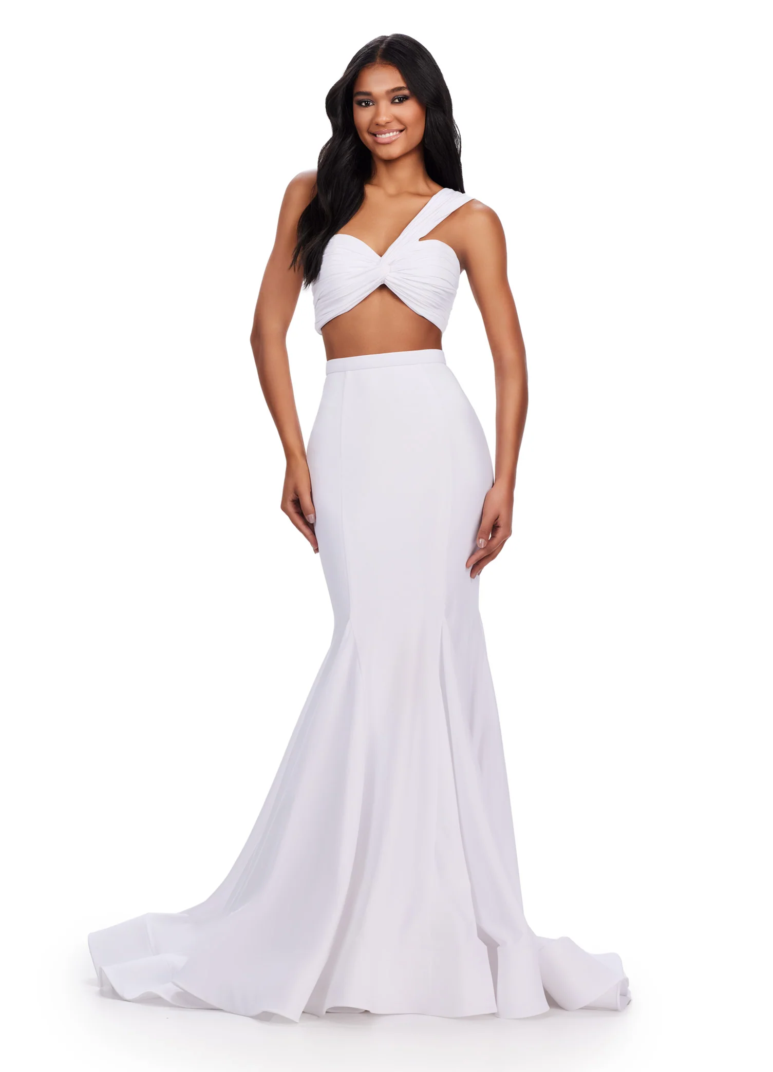 Ashley Lauren 11646 Long Prom Dress Mermaid Two Piece Scuba Dress Ruched One Shoulder Bustier Formal Pageant Gown - Image 3
