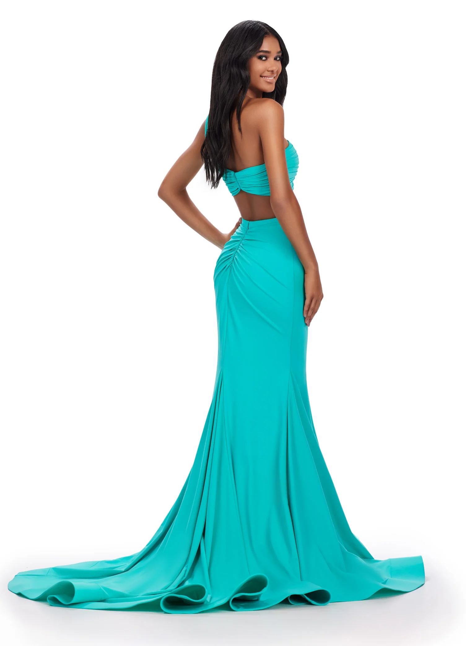 Ashley Lauren 11646 Long Prom Dress Mermaid Two Piece Scuba Dress Ruched One Shoulder Bustier Formal Pageant Gown - Image 4