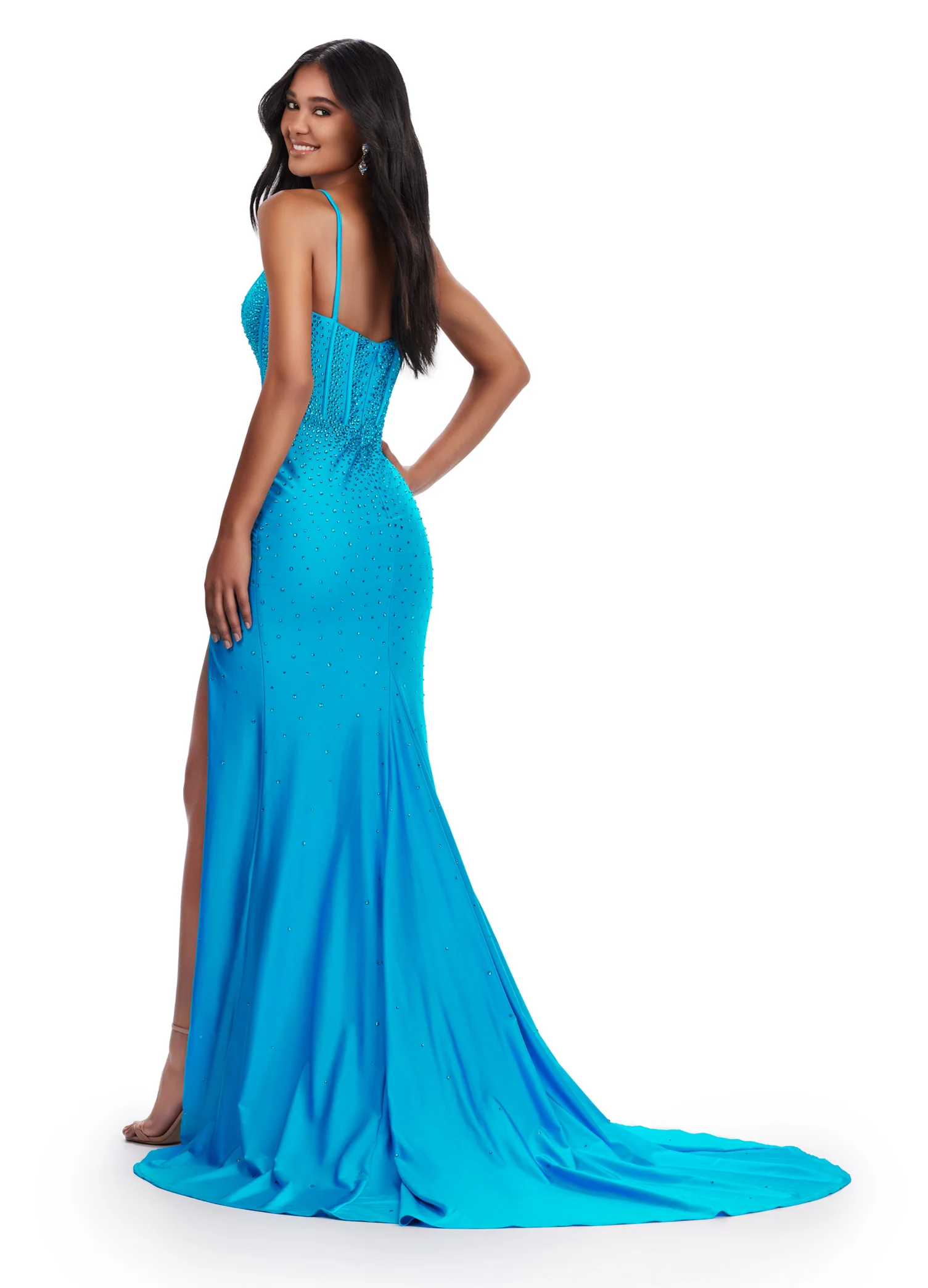 Ashley Lauren 11688 Fitted Jersey Corset Prom Dress Slit Formal Plunging V Neck Gown - Image 6
