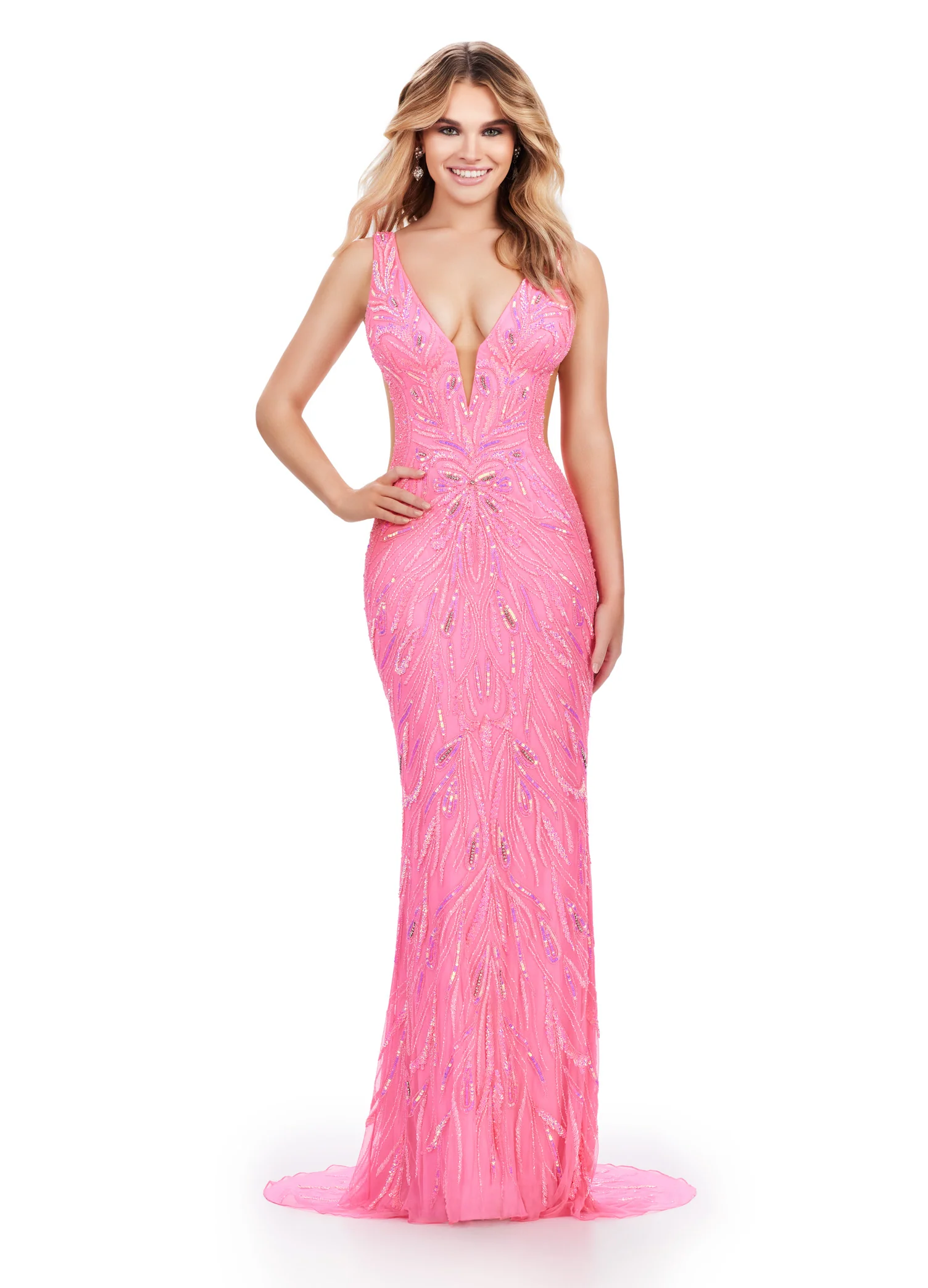 Ashley Lauren 11669 Long Prom Dress Fitted Fully Beaded  Cut Outs V Back Formal Pageant Gown - Image 3