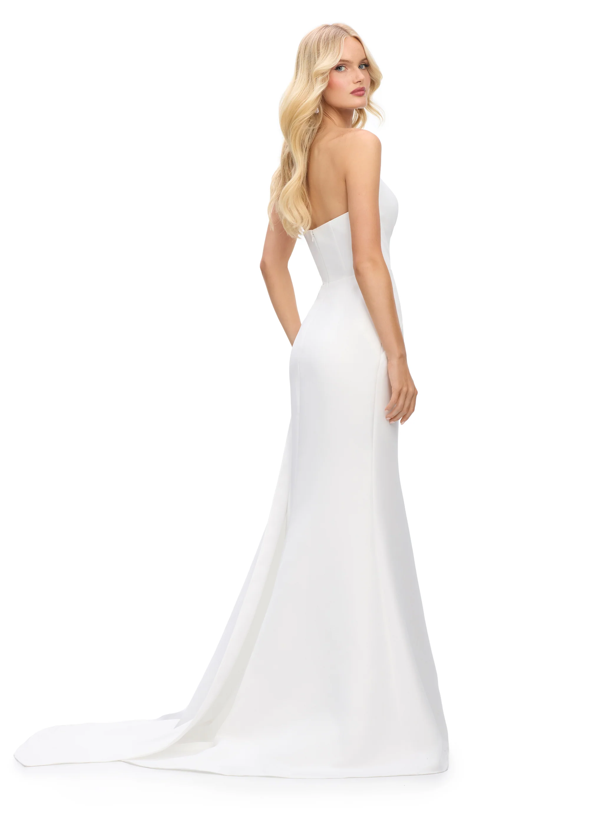 Ashley Lauren 11700 Asymetrical Neckline Evening Gown Satin Ruched Embellished Waist Leading to Flowy Side Train - Image 2