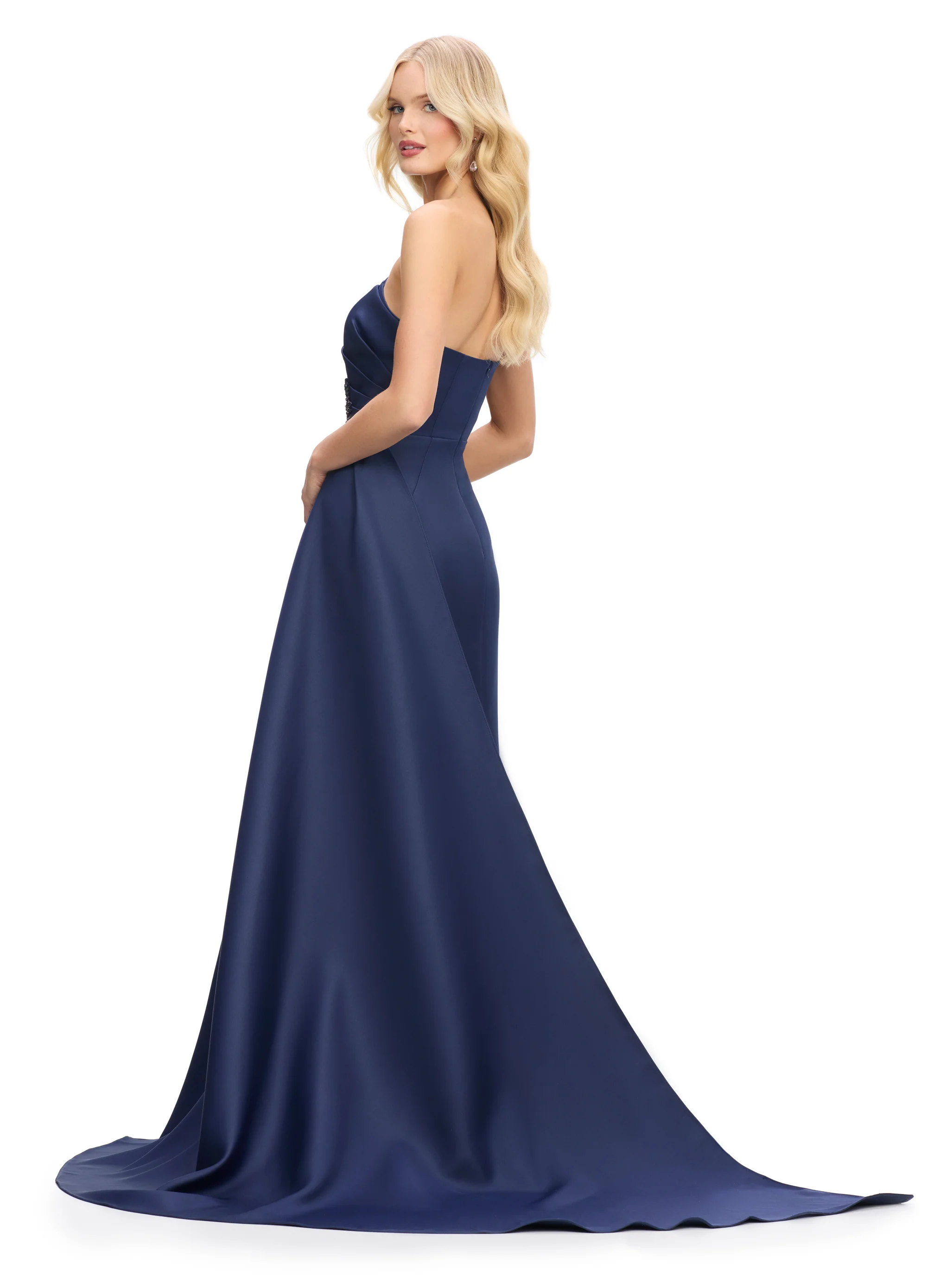 Ashley Lauren 11700 Asymetrical Neckline Evening Gown Satin Ruched Embellished Waist Leading to Flowy Side Train - Image 3