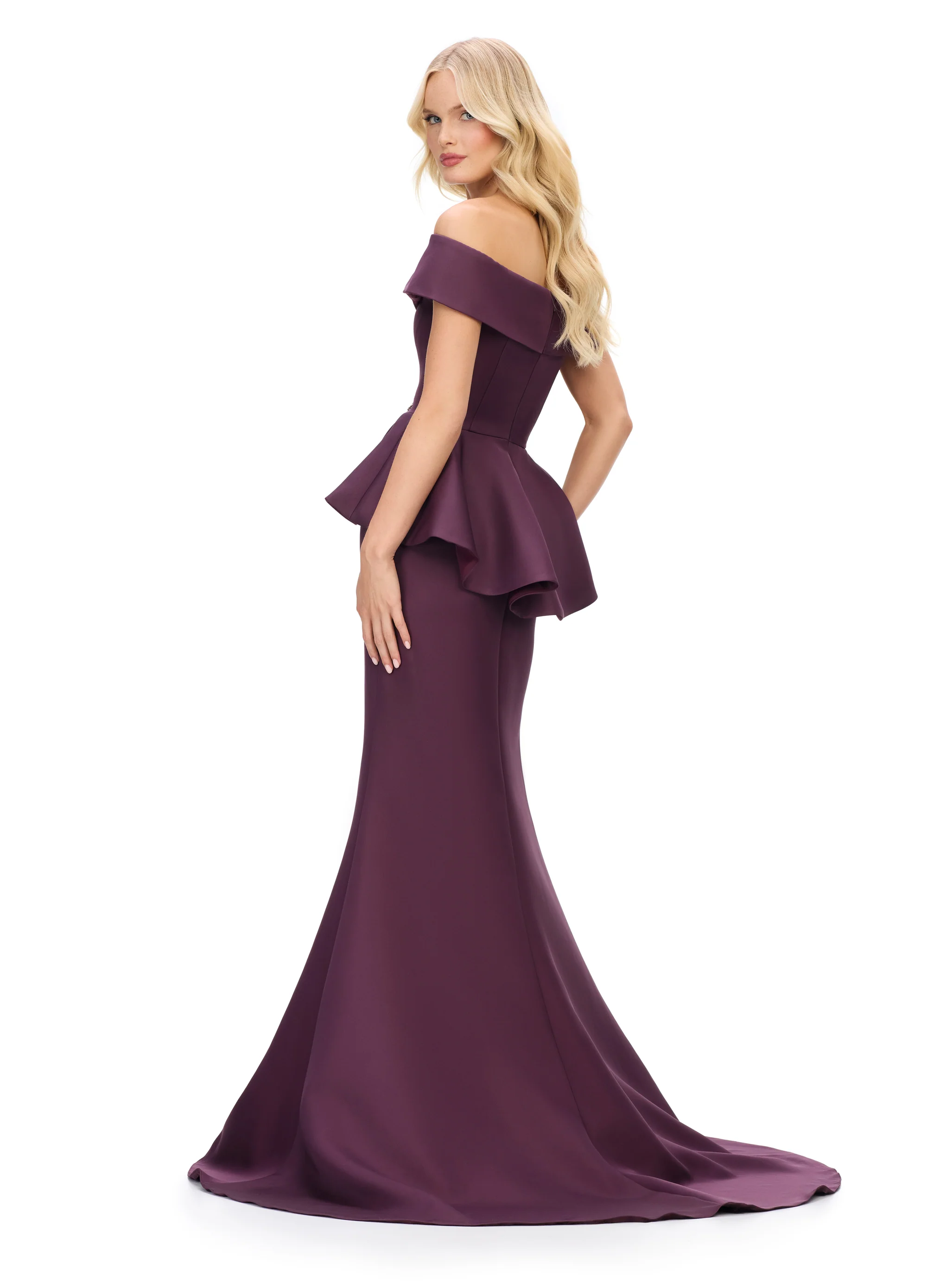 Ashley Lauren 11710 Off The Shoulder Evening Gown V Neckline Peplum Waist Long Fit and Flare Dress - Image 2