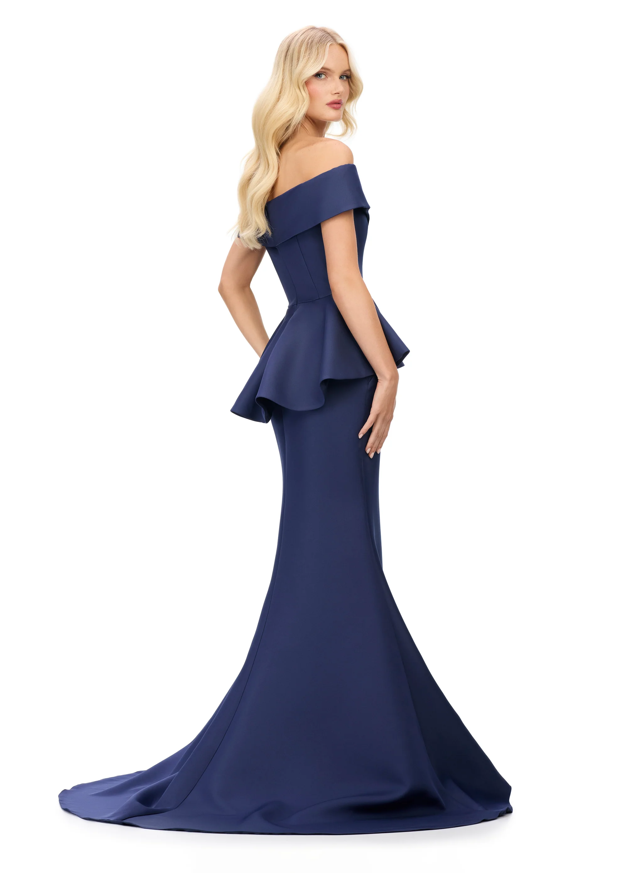 Ashley Lauren 11710 Off The Shoulder Evening Gown V Neckline Peplum Waist Long Fit and Flare Dress - Image 4