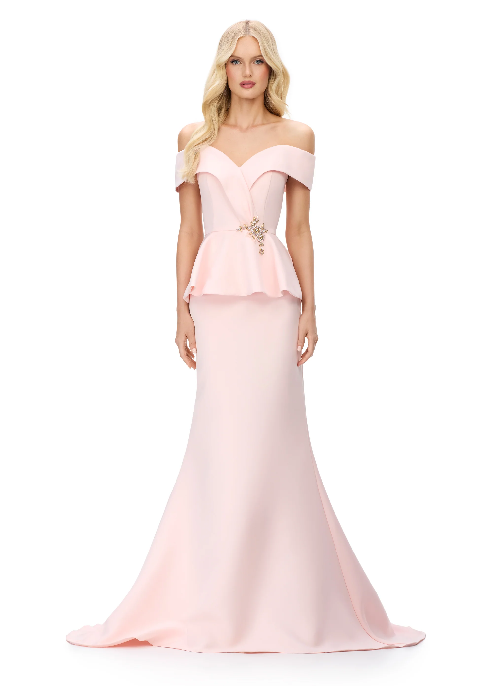 Ashley Lauren 11710 Off The Shoulder Evening Gown V Neckline Peplum Waist Long Fit and Flare Dress - Image 5