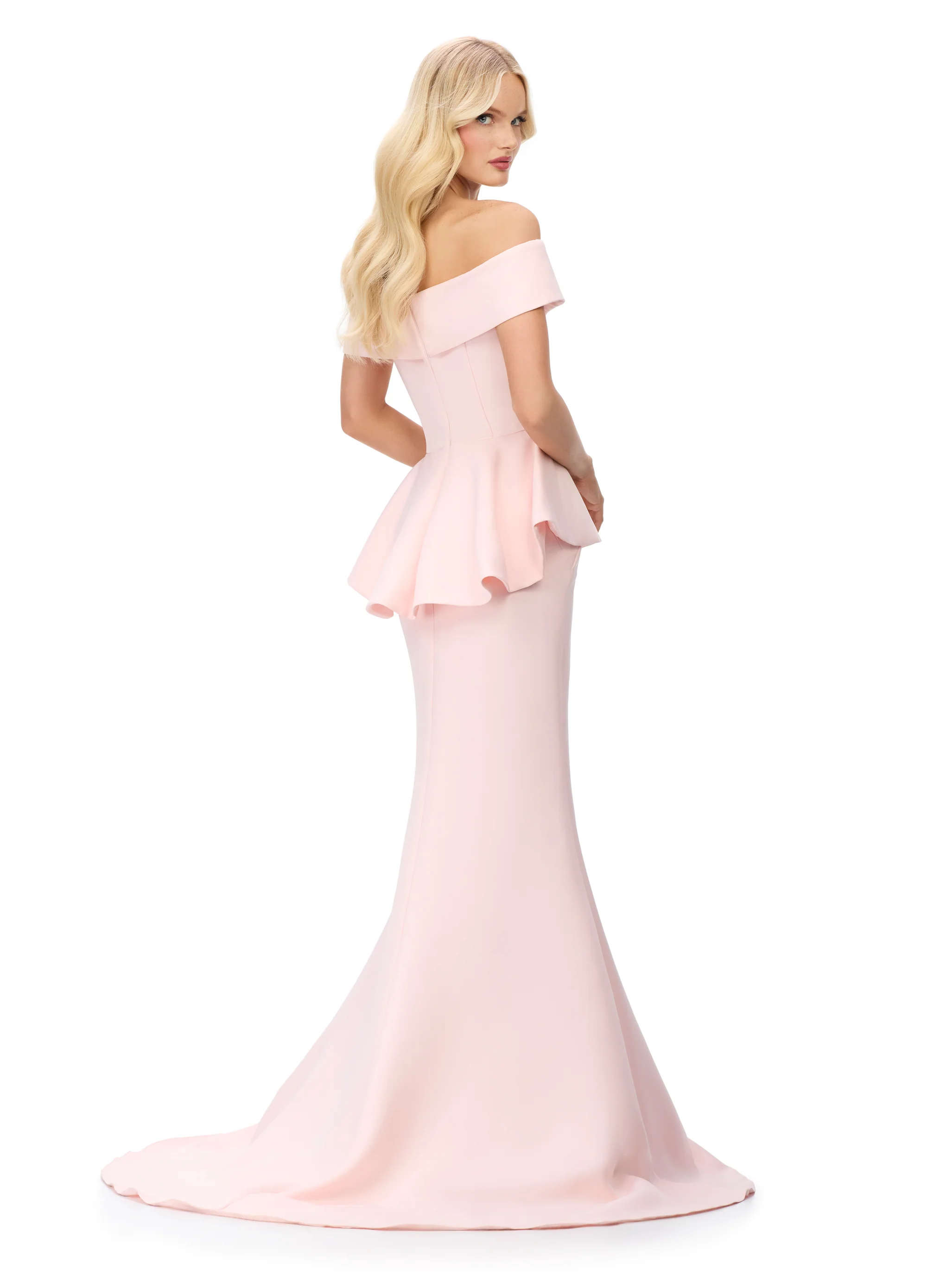 Ashley Lauren 11710 Off The Shoulder Evening Gown V Neckline Peplum Waist Long Fit and Flare Dress - Image 6